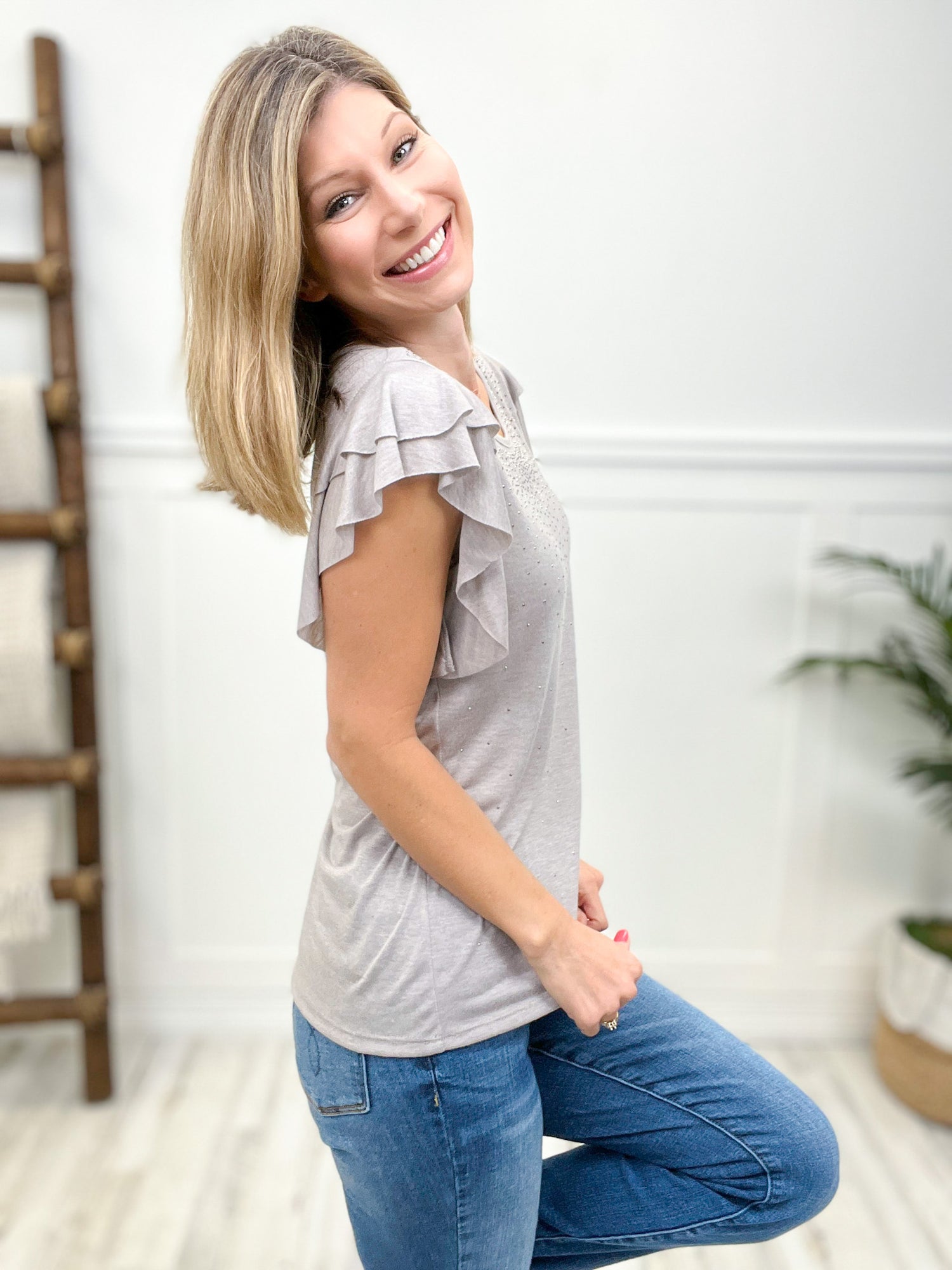 Double Layered Short Sleeve Top with Stud Embellishments