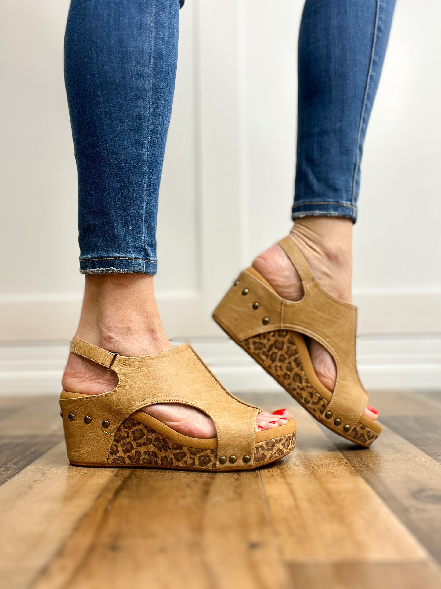 Corkys Carley Wedge Shoes in Taupe Smooth Leopard