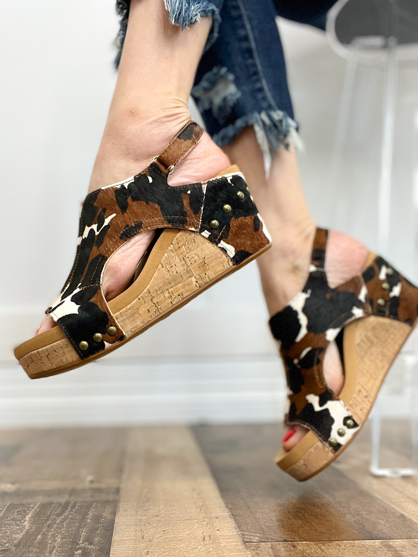 Corkys Pasture Wedge Sandals in Cow Print
