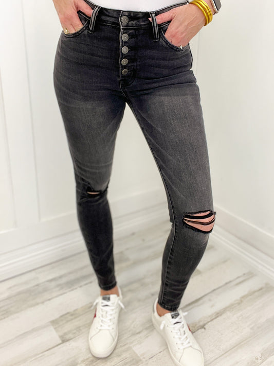 Vervet York High Rise Distressed Button Fly Cropped Skinny Jeans