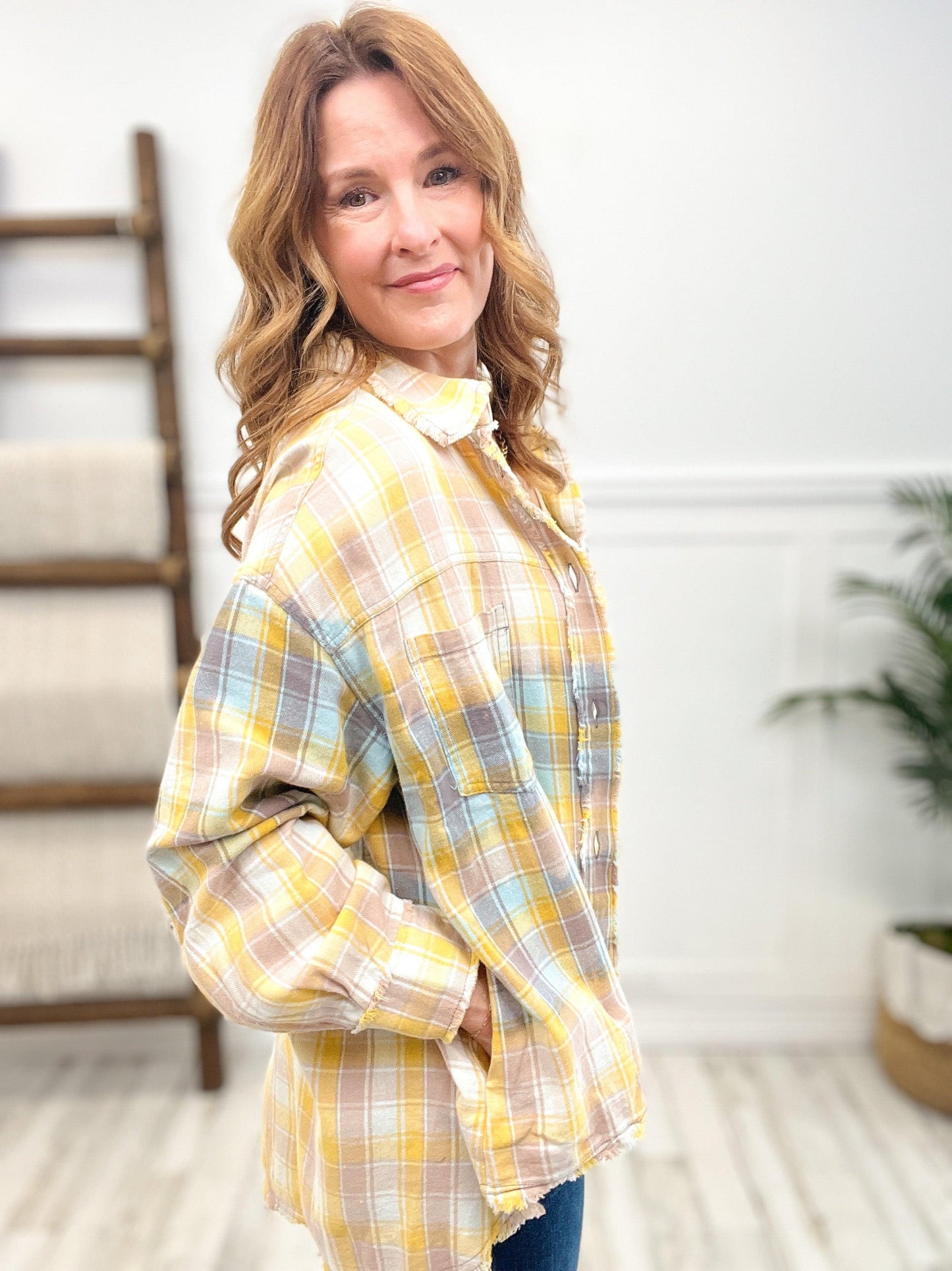 Bleach Washed Plaid Button Up Top - Oli & Hali - Emma Lou's Boutique