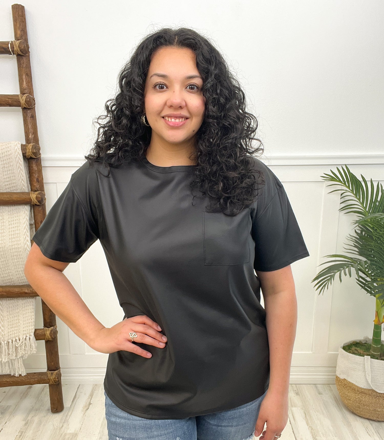 Faux Leather Loose Fit Short Sleeve Top with Pockets