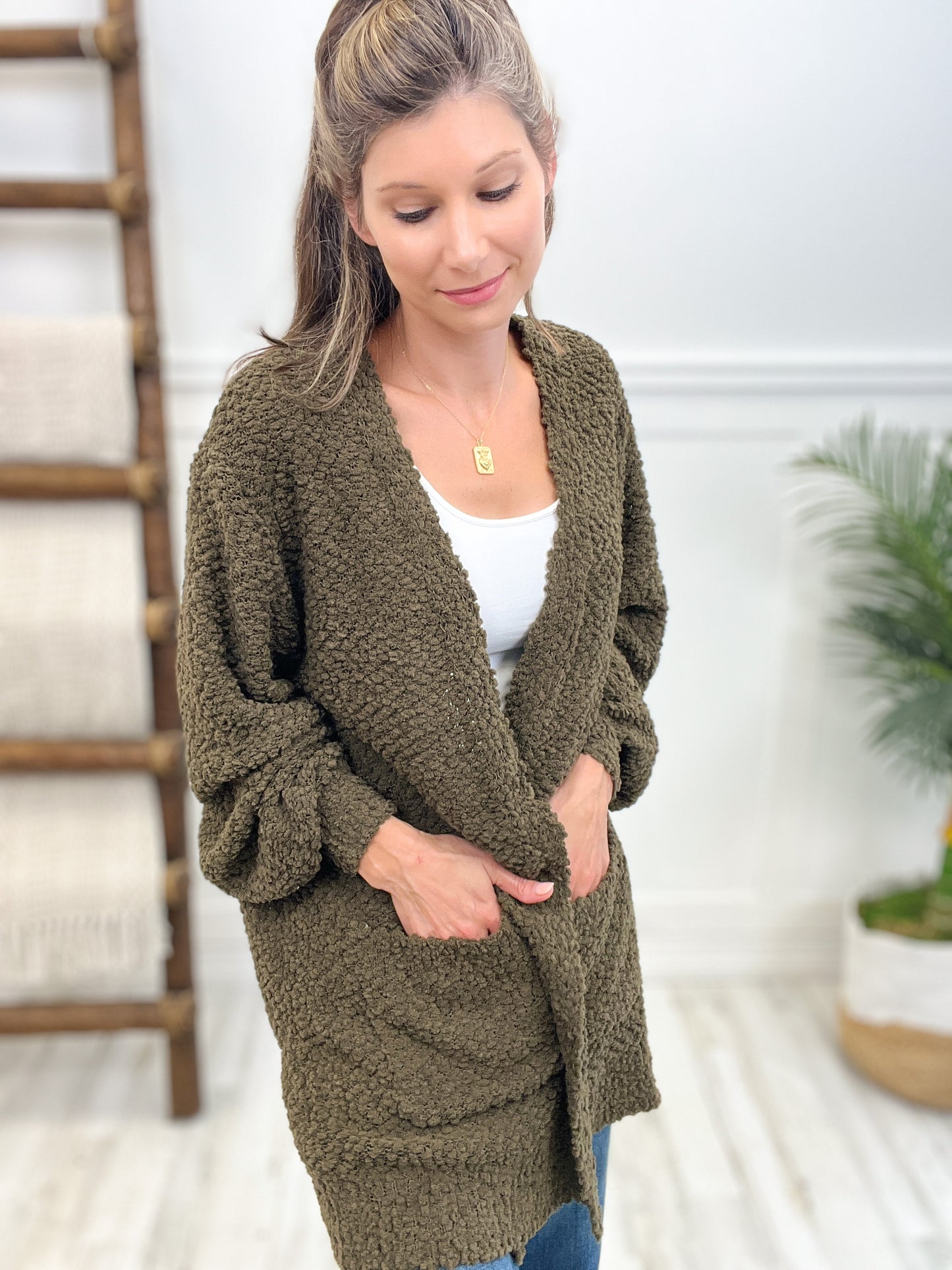 Puff Sleeve Popcorn Cardigan with Pockets