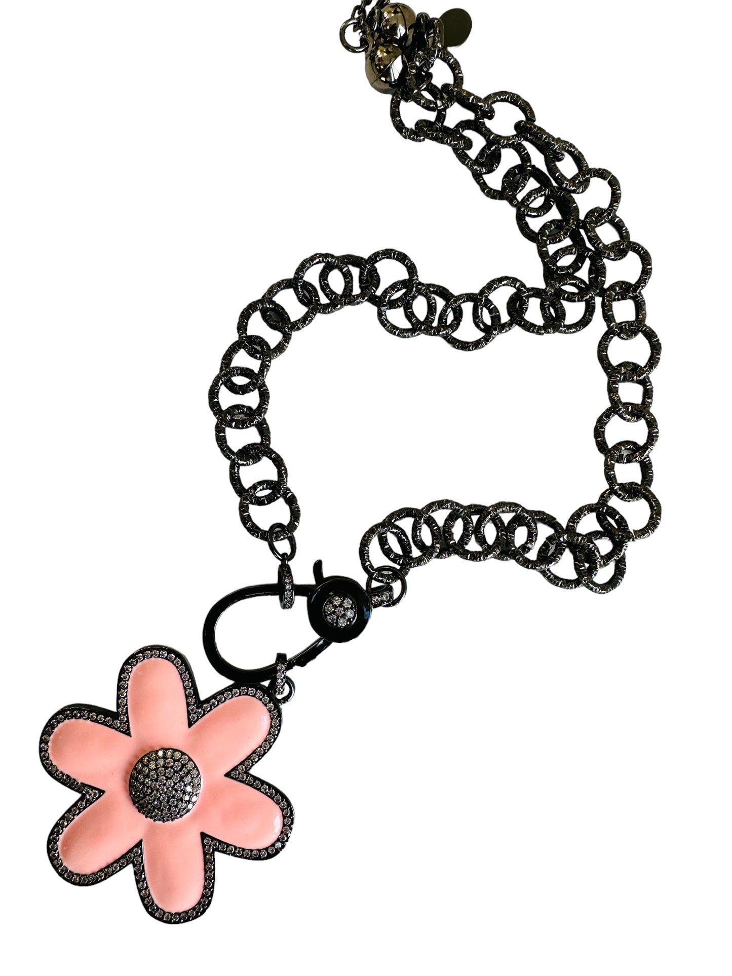 Gunmetal and Pink Flower Necklace