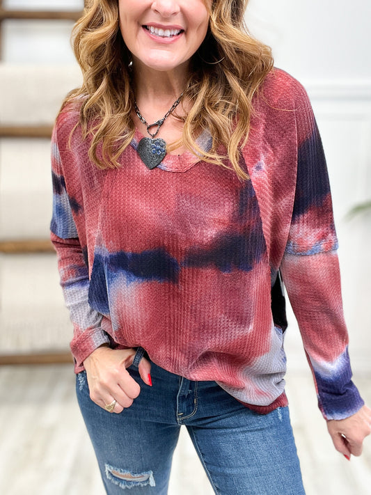 Tie Dye Printed Waffle Long Sleeve Top