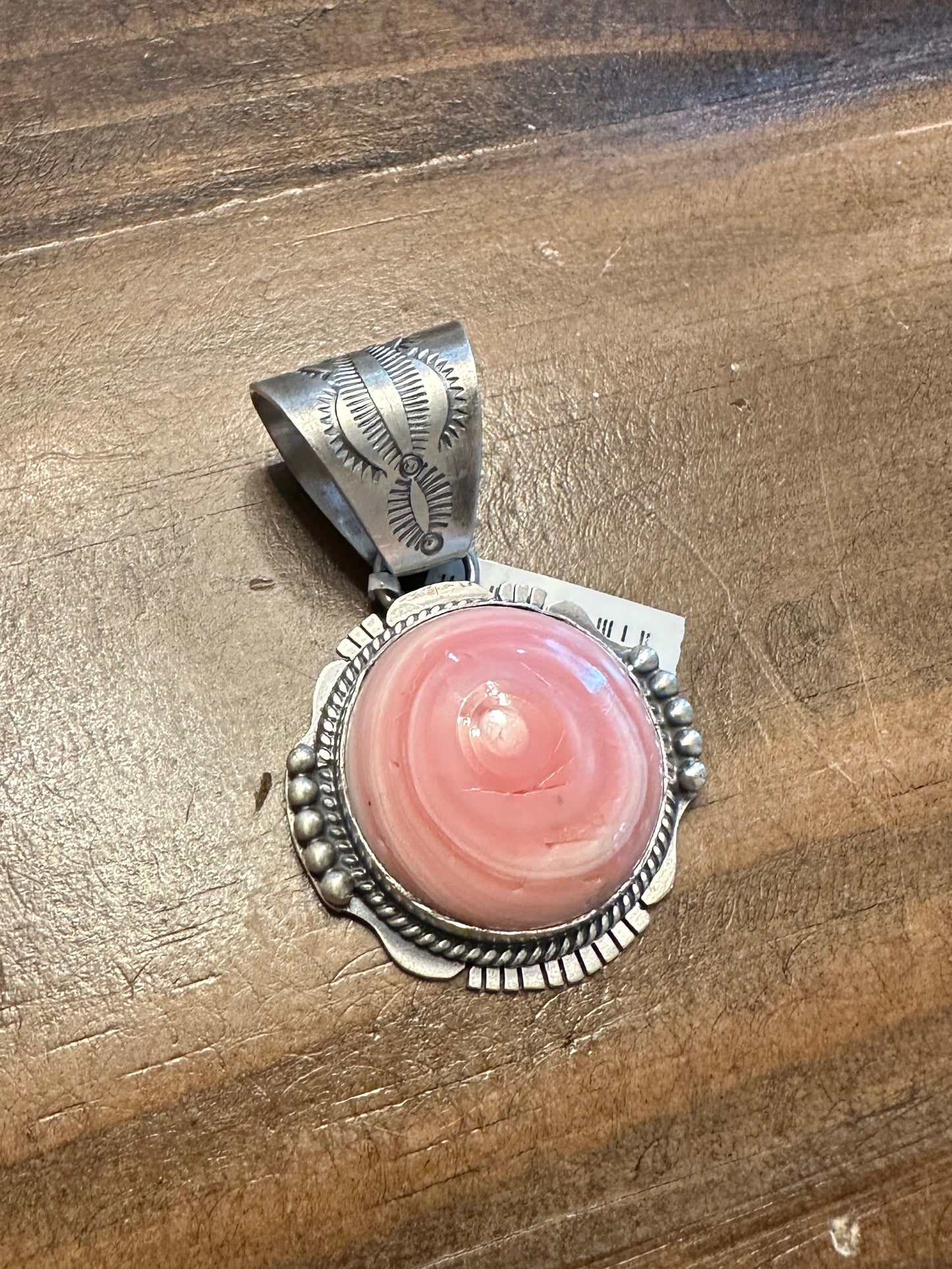 Pink Conch Round Pendant Hand-stamped