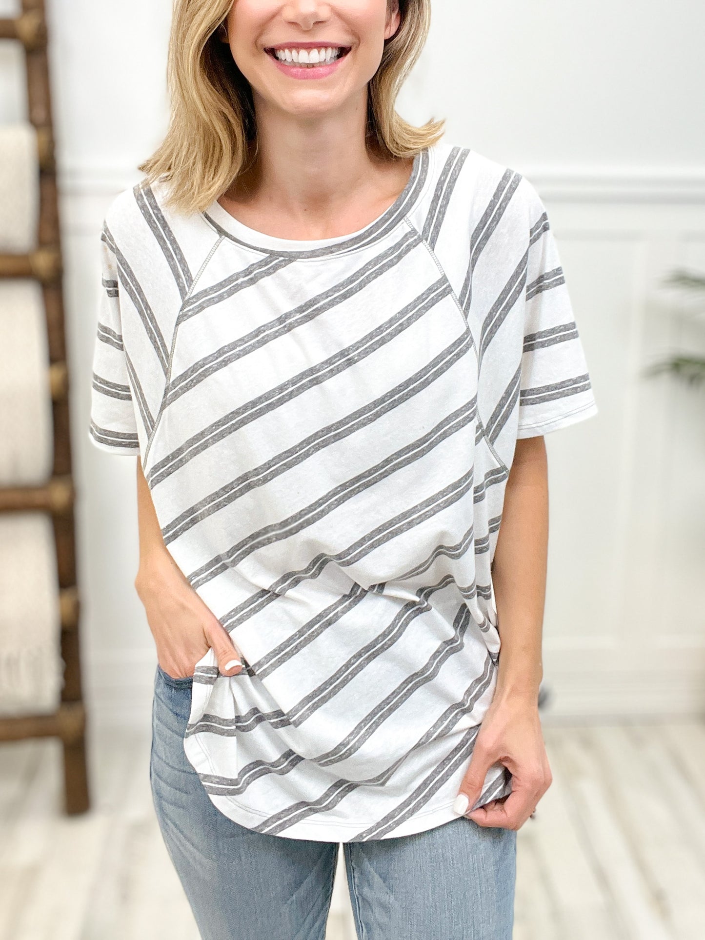 Double Striped Tri blend, Round Neckline Short Sleeve