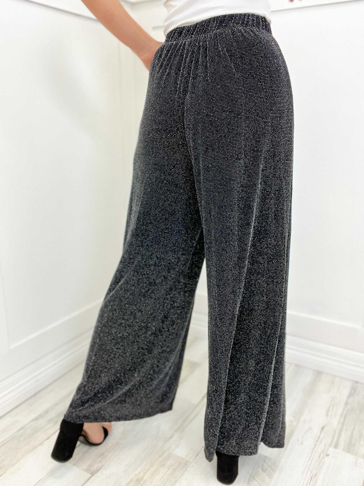Knit Rib Waist Band Wide Leg Pants