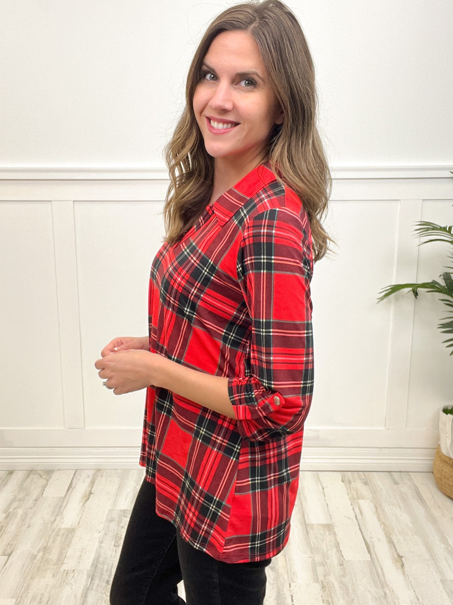 V-Neck Plaid 3/4 Sleeve Top