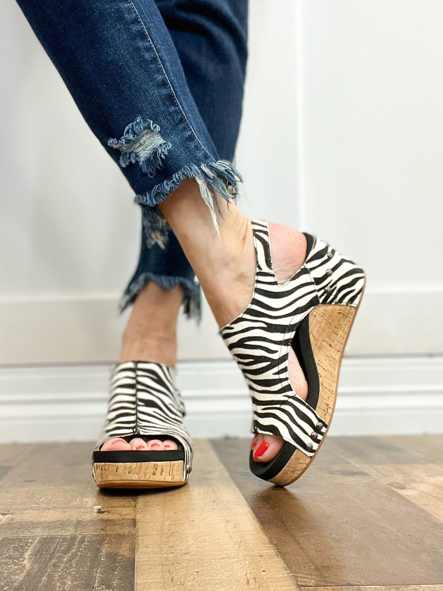 Corkys Pasture Wedge Sandals in Zebra