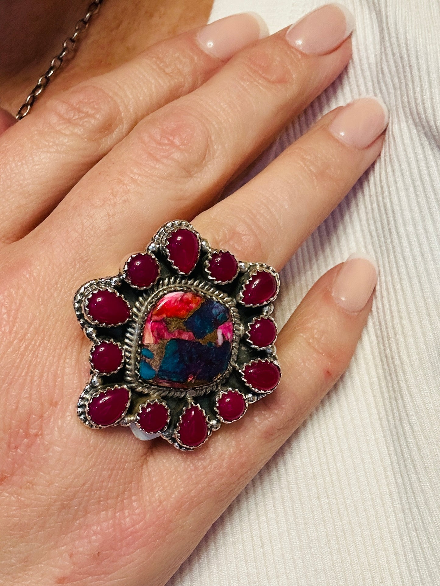 Fuchsia Multi Stone Navajo Adjustable Ring