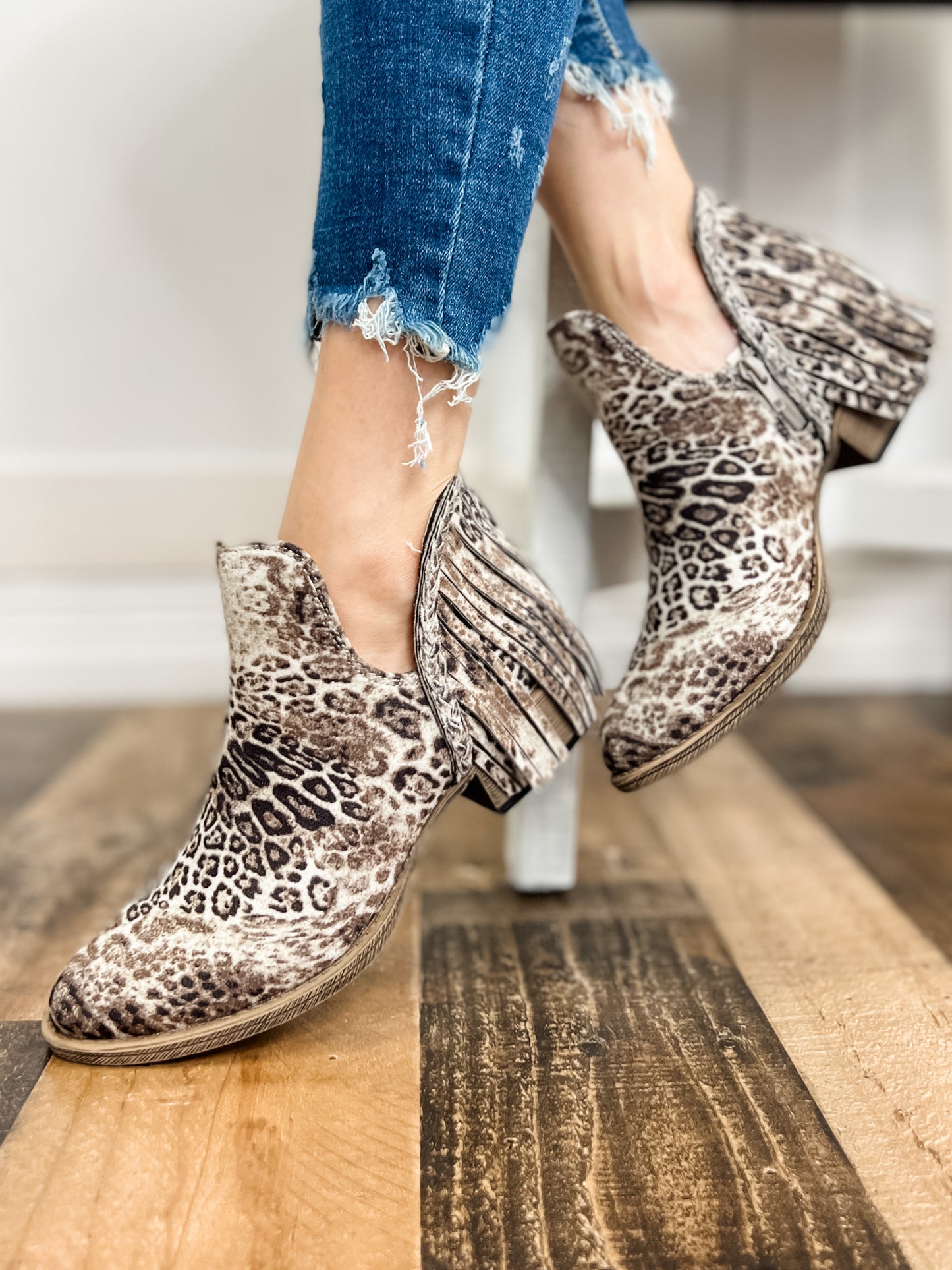 VERY G Jolie Leopard Fringe Bootie