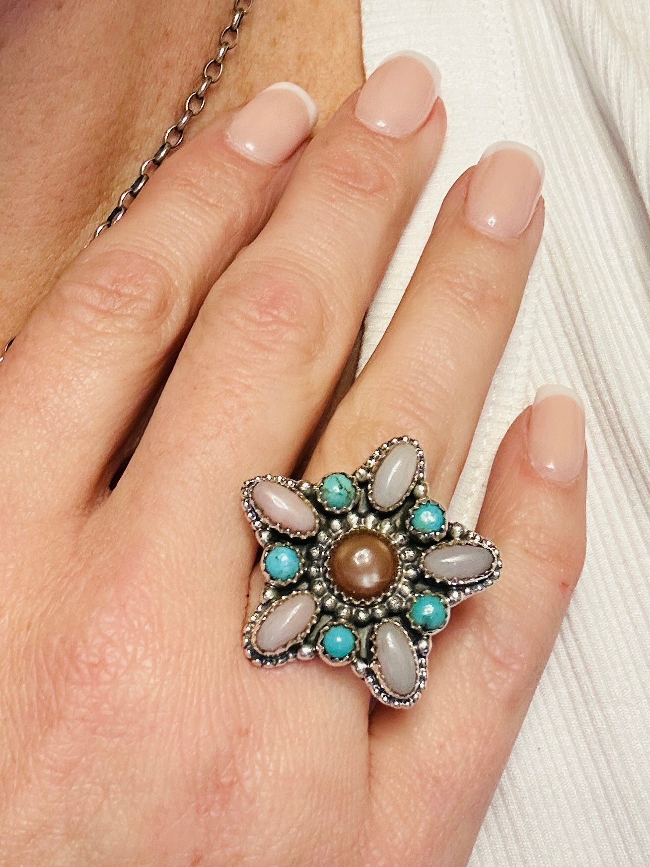 Pink & turquoise Star Navajo Multi Stone Adjustable Ring
