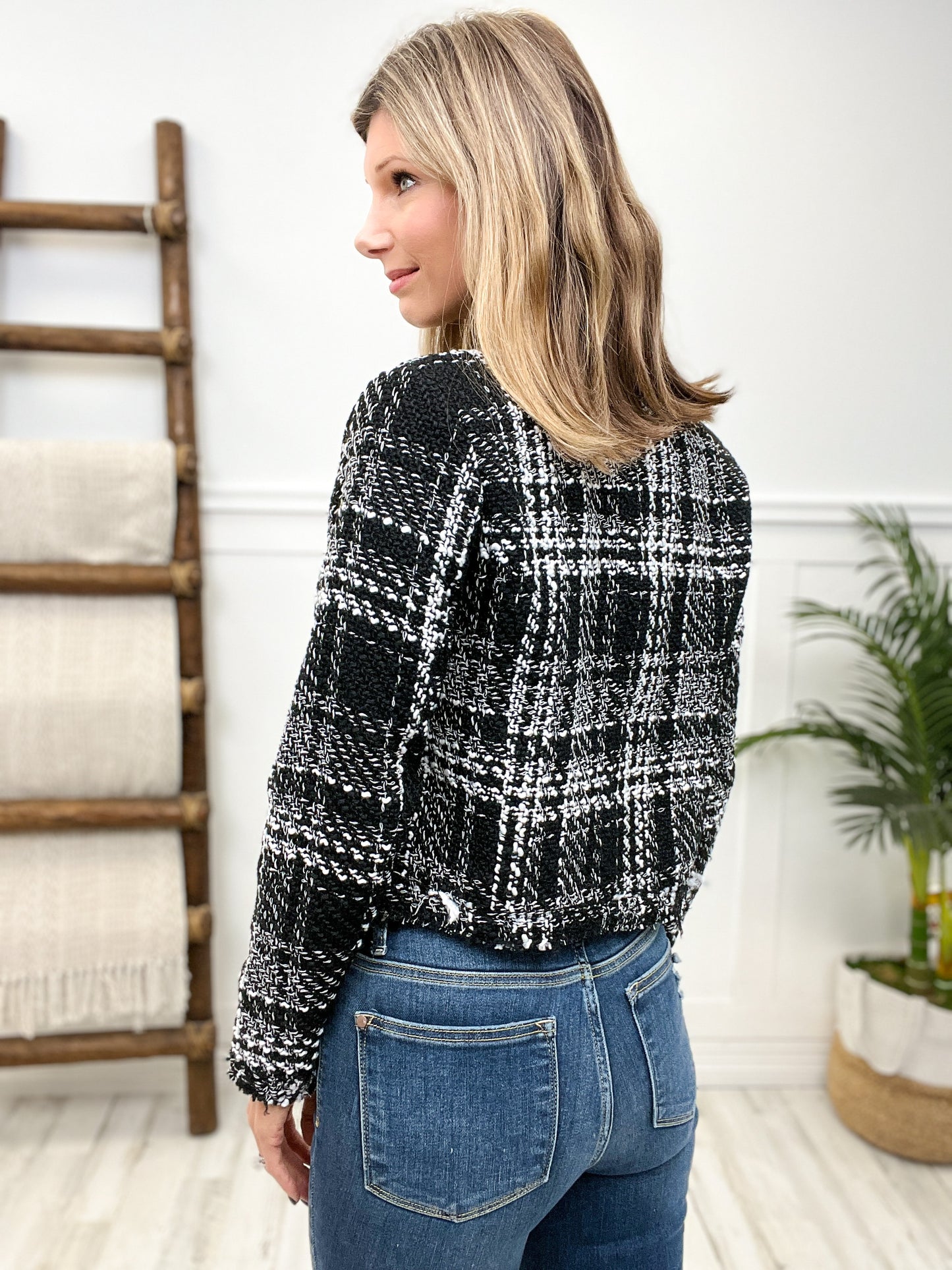 Cropped Boucle Blazer With Jewel Button