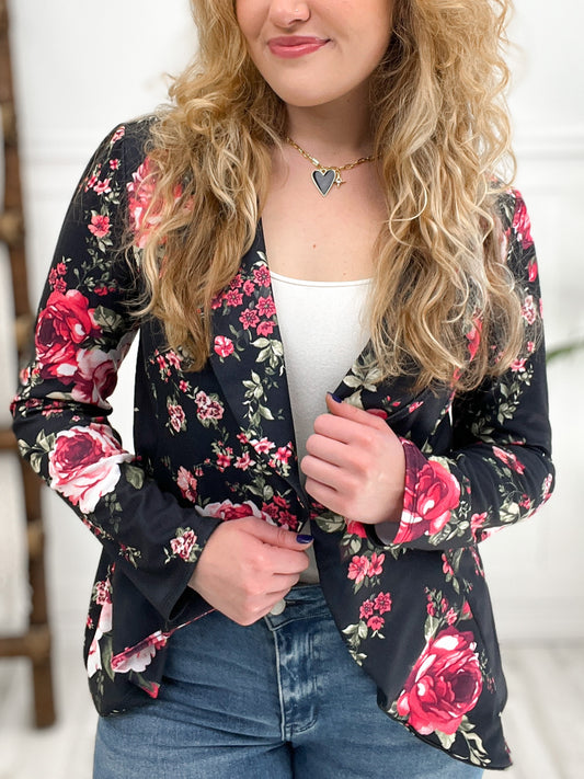 Blushing Blooms Waterfall Blazer in Black Multi