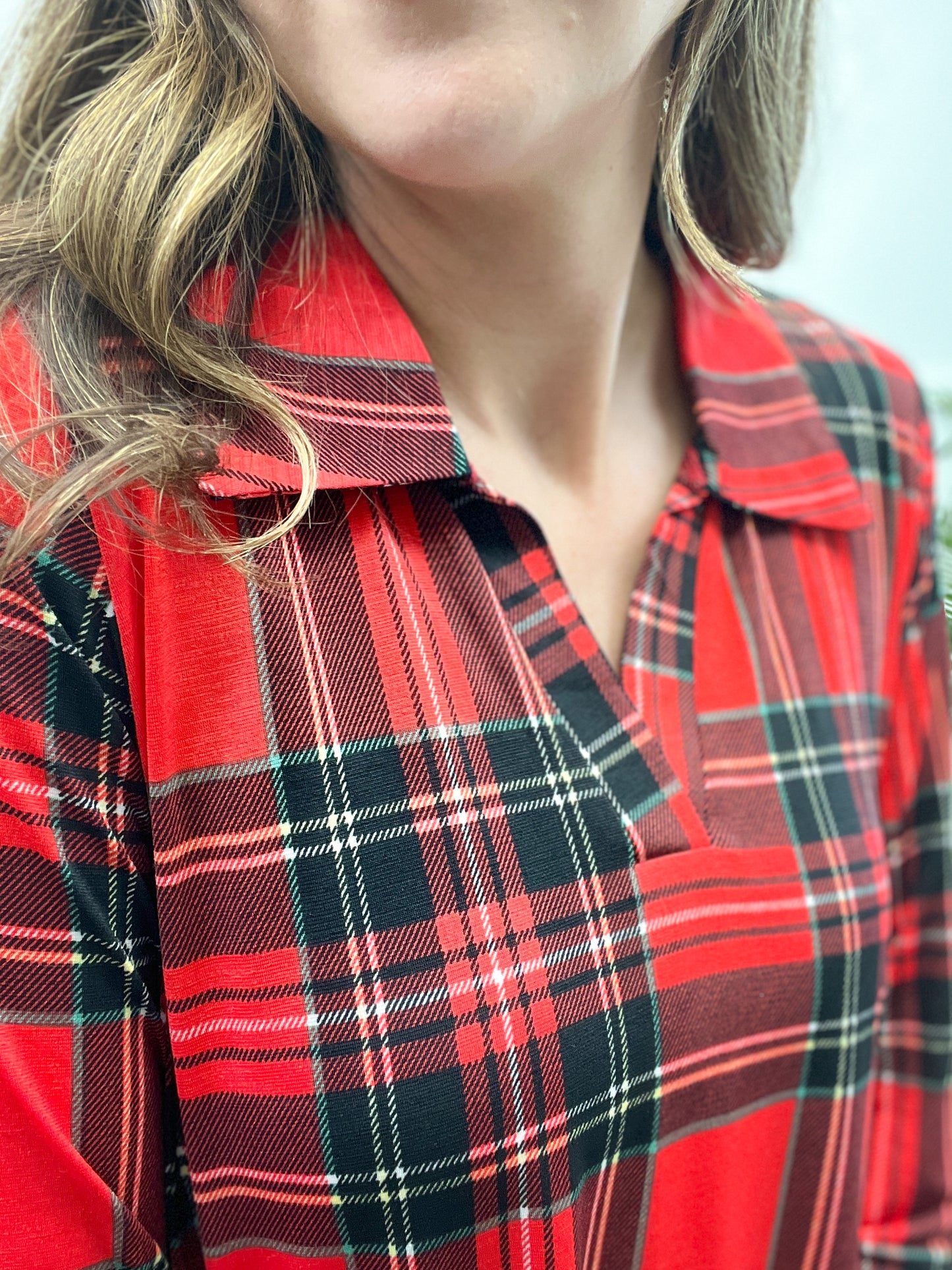 V-Neck Plaid 3/4 Sleeve Top