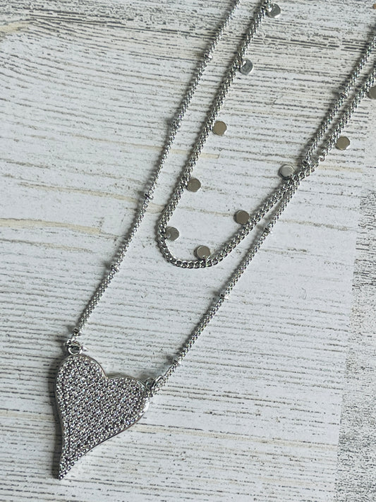 Silver Double Strand Heart Necklace