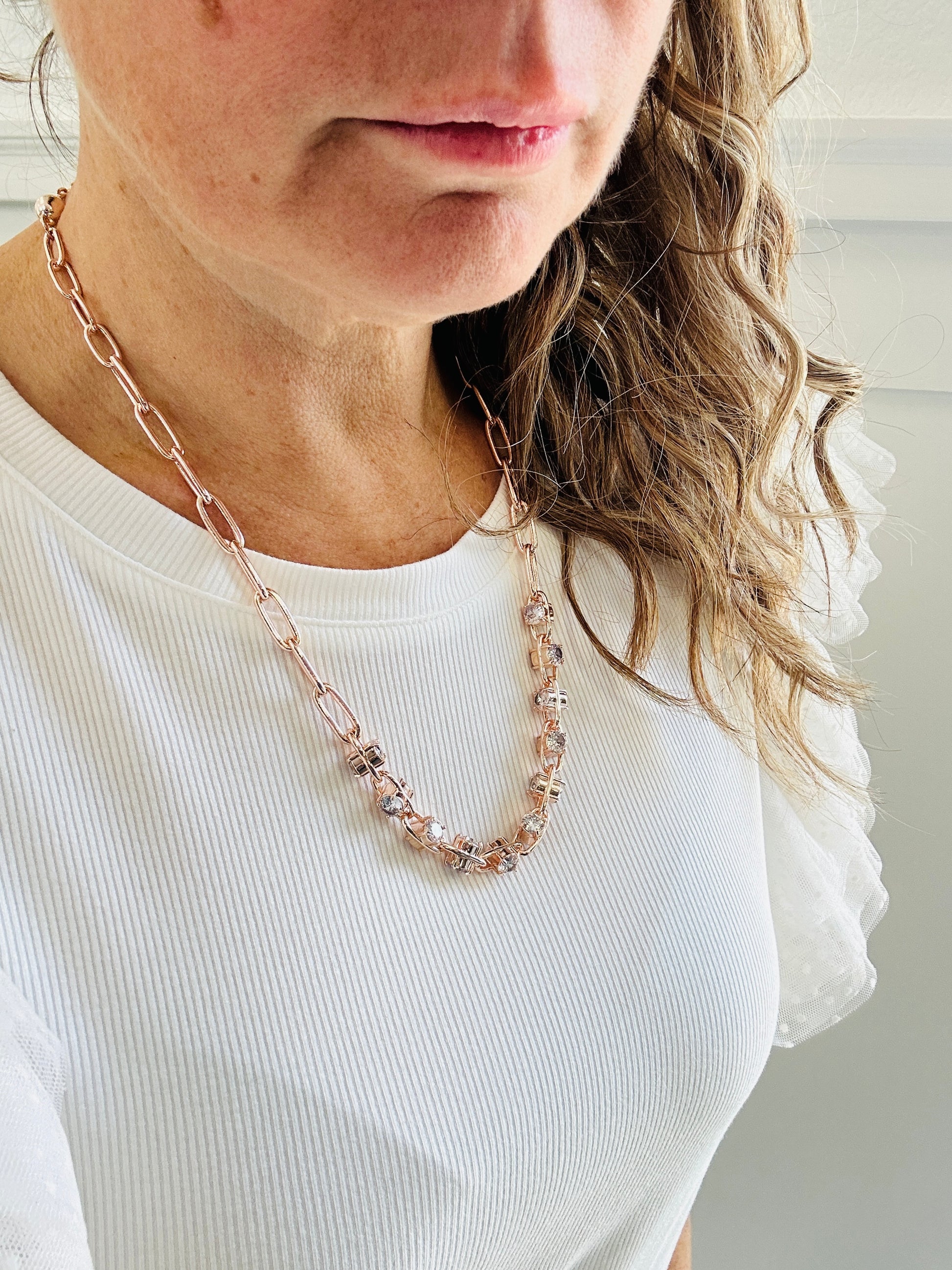 Rose Gold Paperclip CZ Earring + Necklace Set