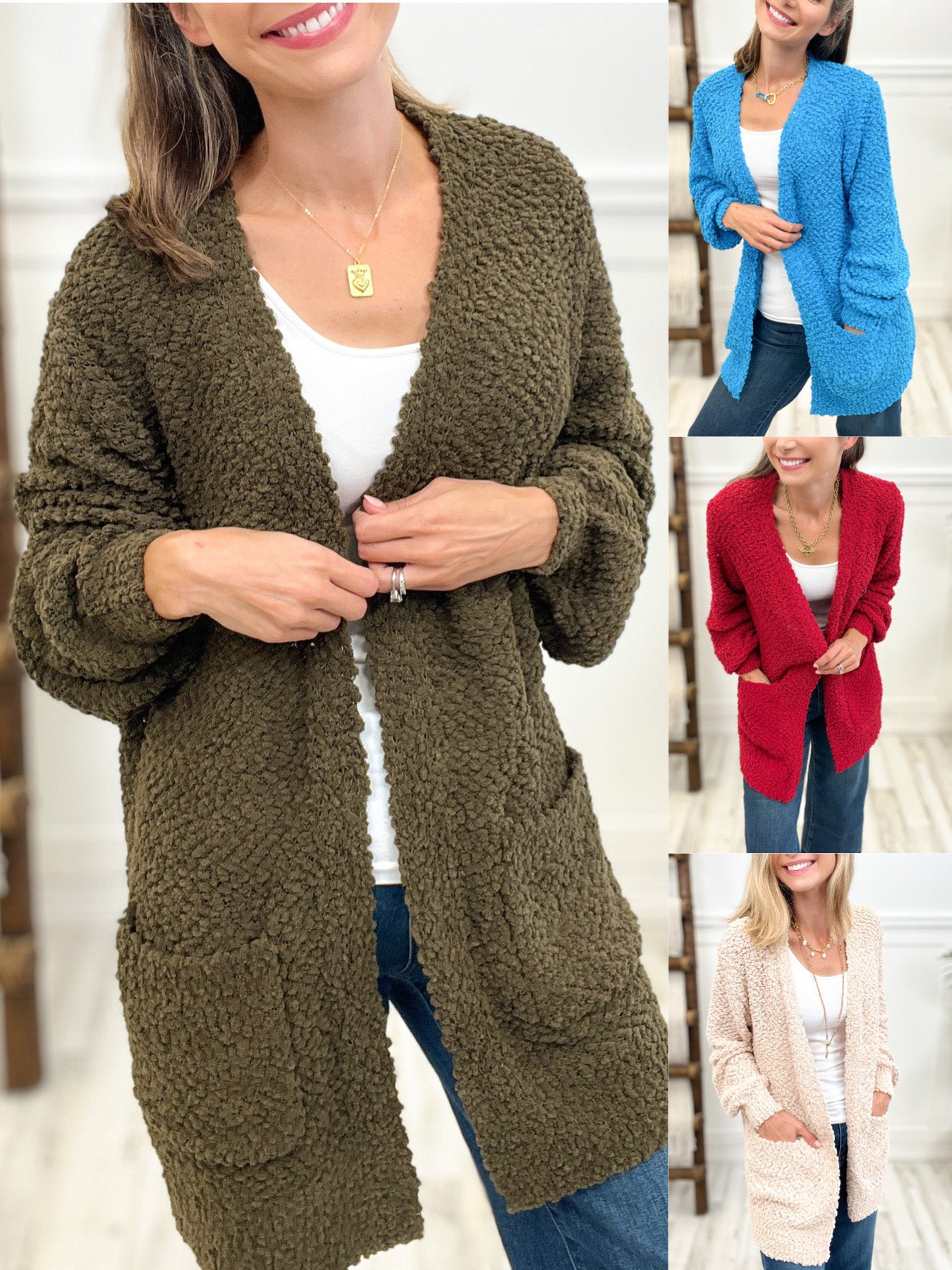 Puff Sleeve Popcorn Cardigan with Pockets