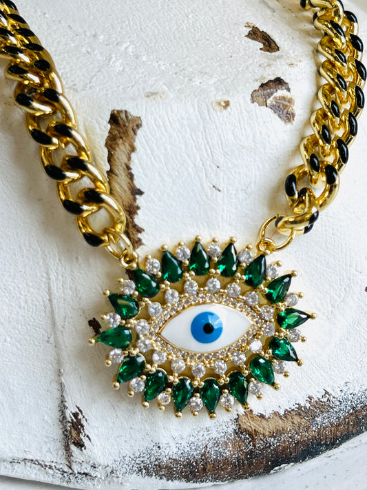 Green Cuban Chain Evil Eye Necklace