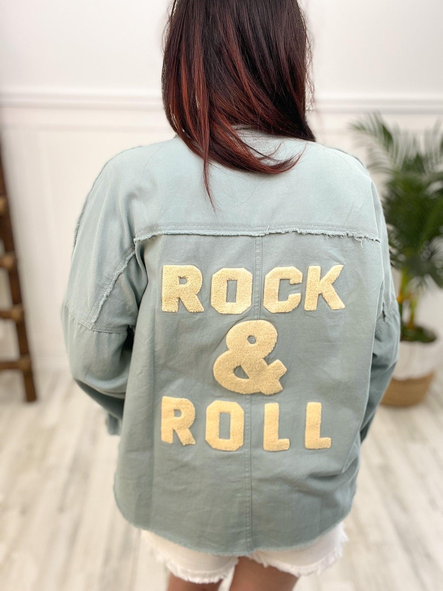 Long Sleeve Button Down Shacket with Rock & Roll On Back