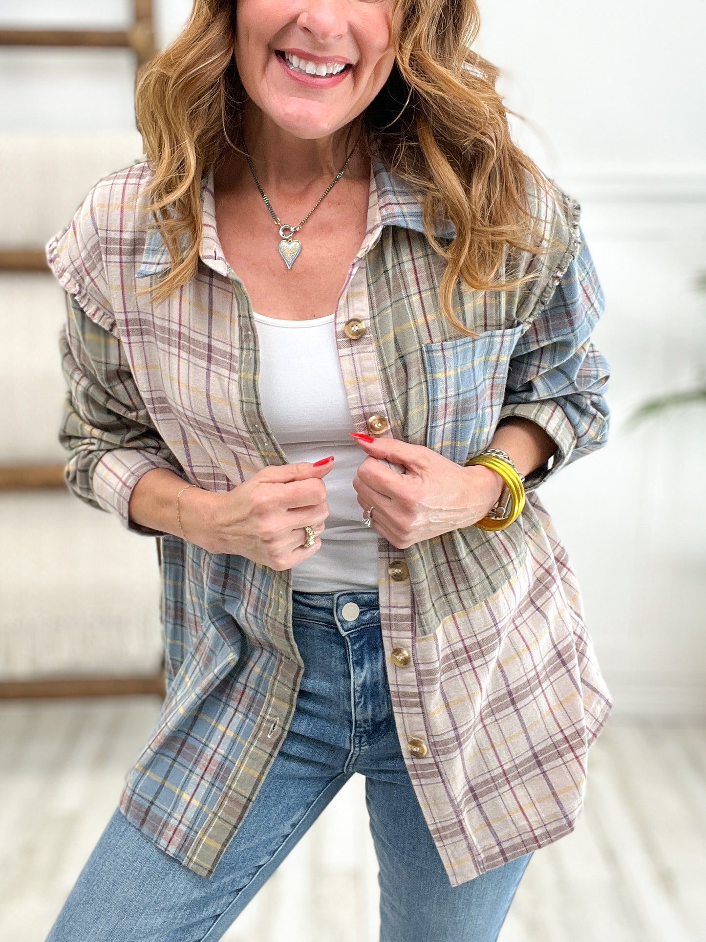 Plaid Color Block Patchwork Button Top