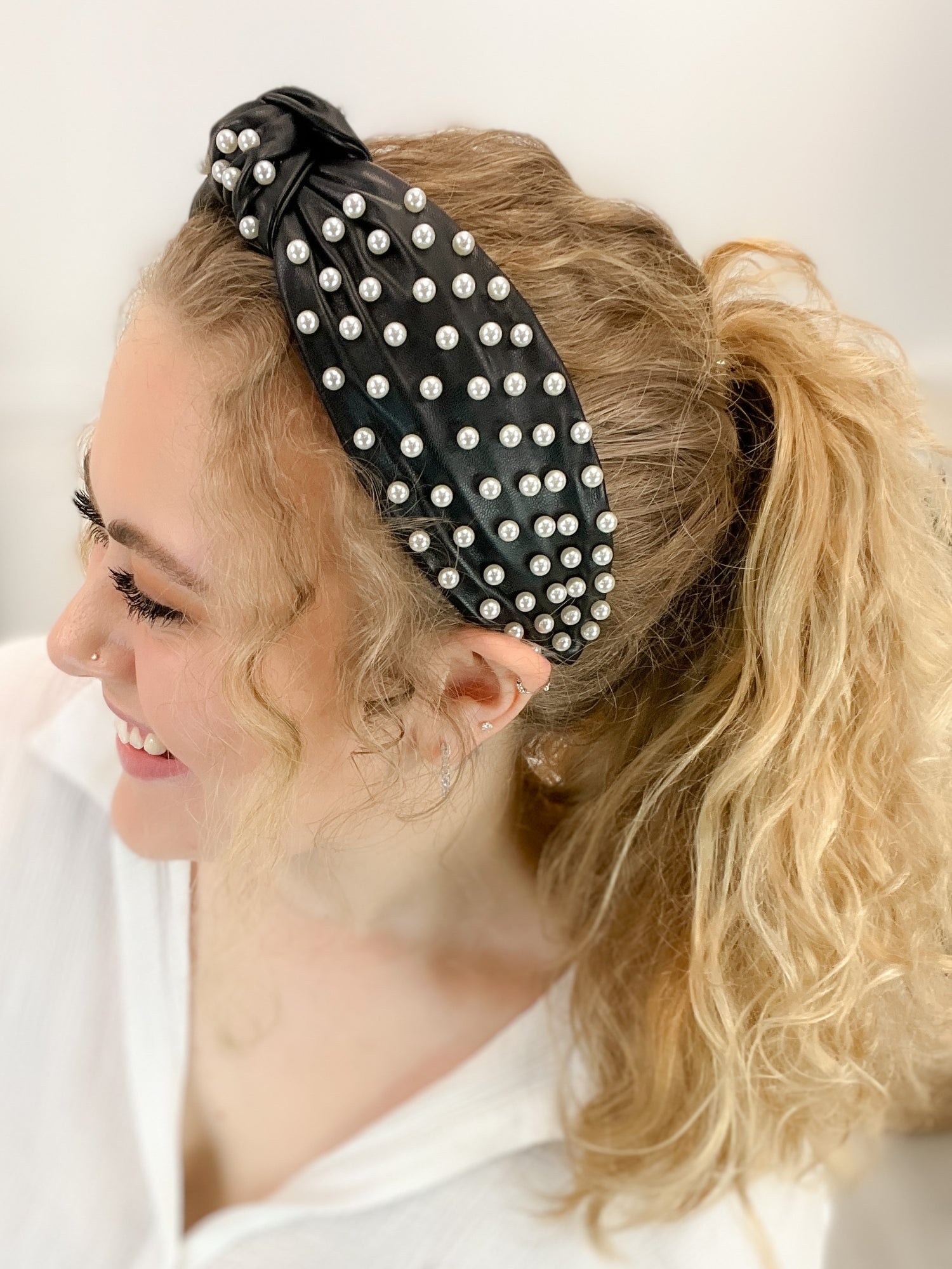 Faux Leather Headband with Pearls