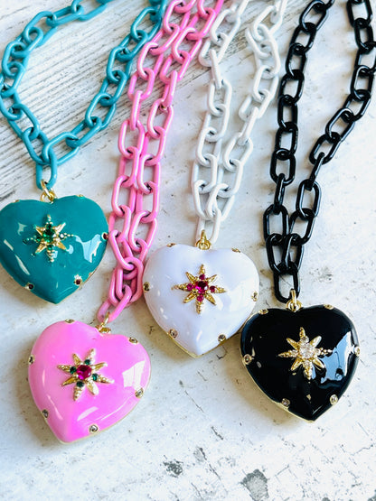 Puffy Heart Enamel Chain Necklace