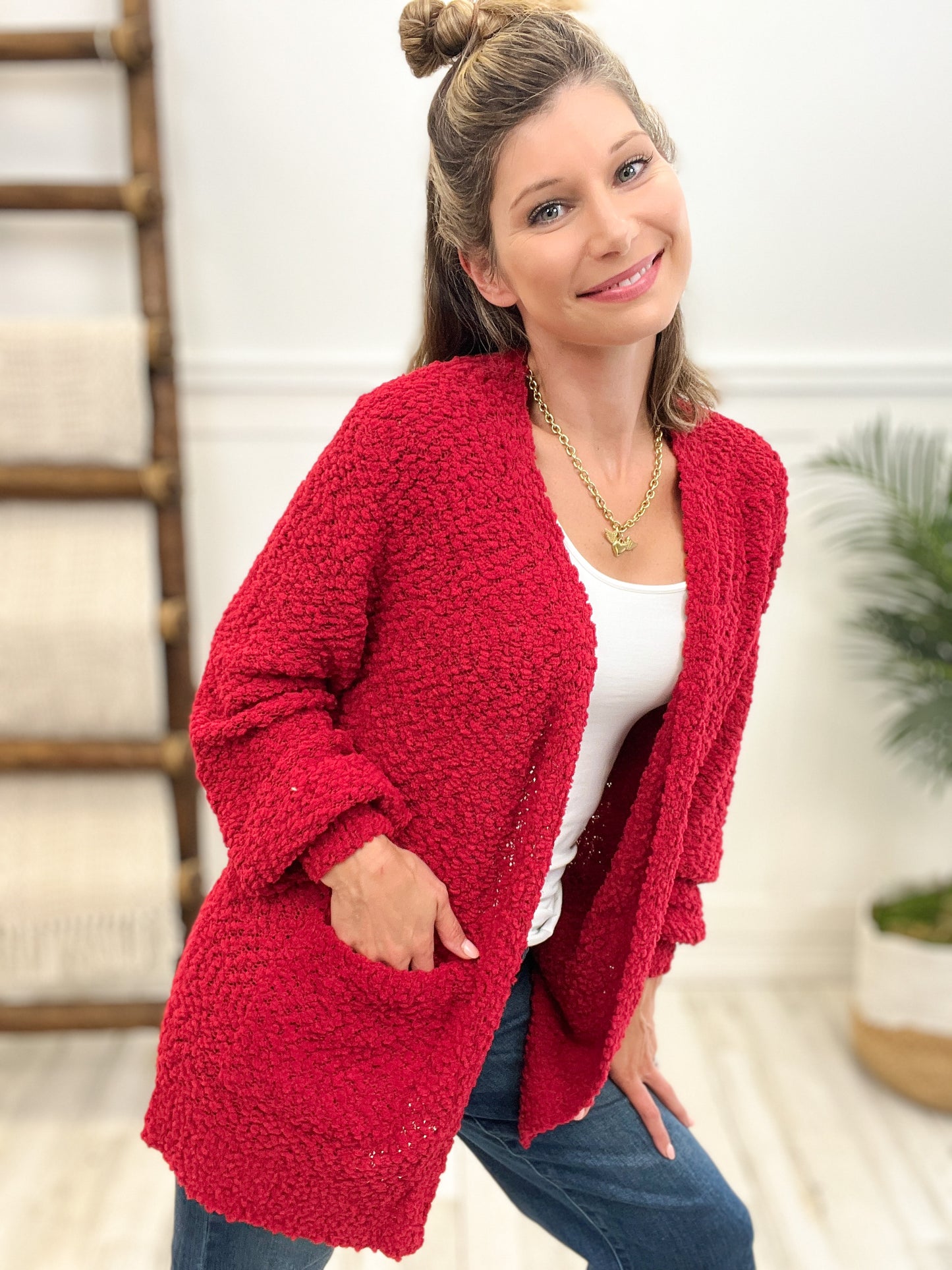 Puff Sleeve Popcorn Cardigan with Pockets