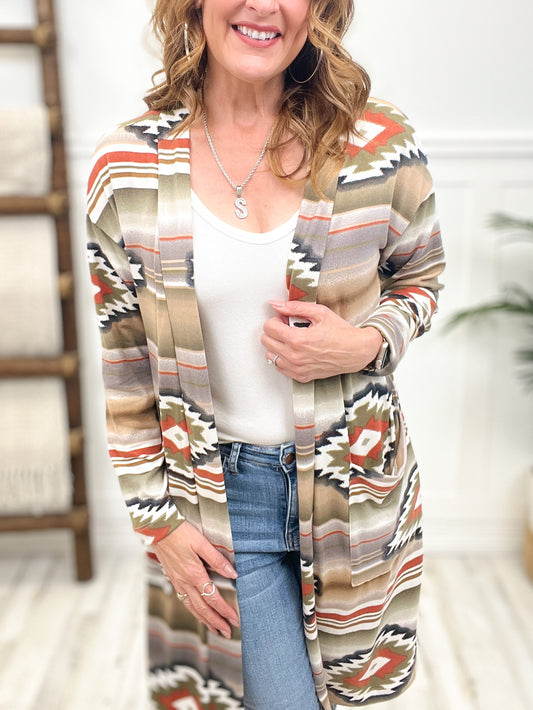 Aztec Print Open Front Cardigan