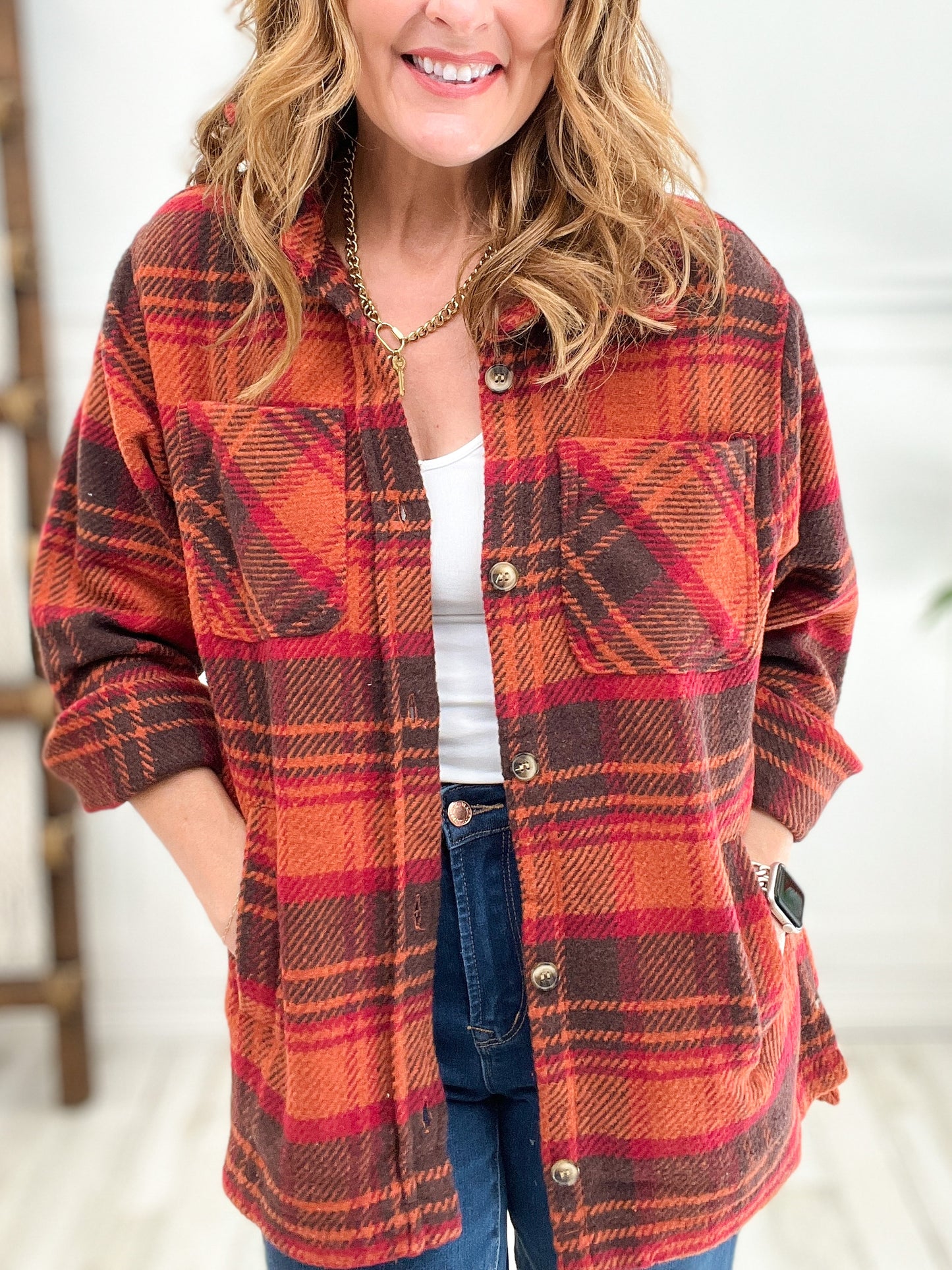 Wool Like Plaid Oversized Shacket With Chest Pocket