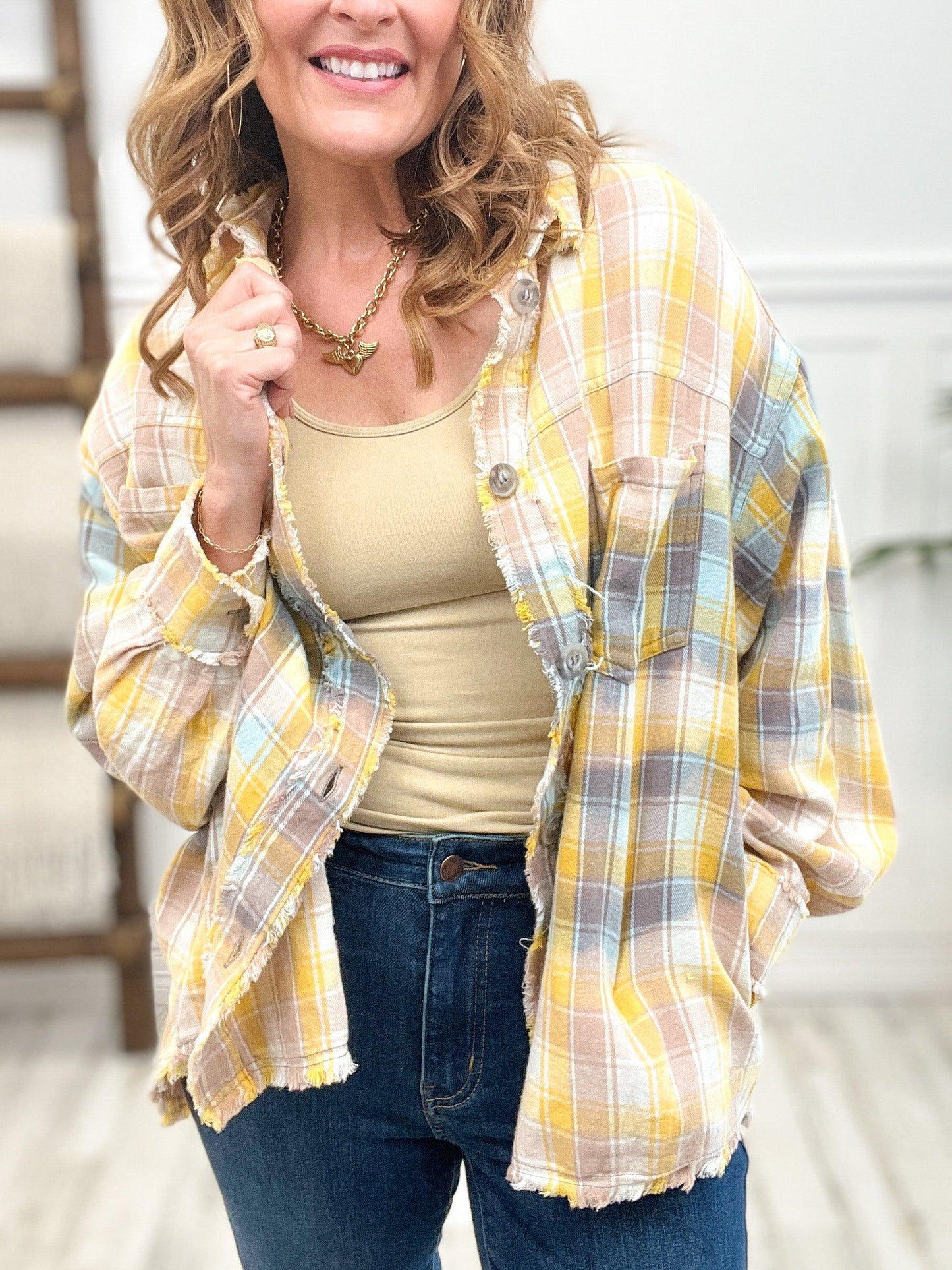 Bleach Washed Plaid Button Up Top - Oli & Hali - Emma Lou's Boutique