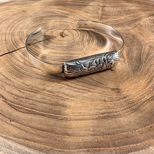 Sterling Silver Floral Block Cuff Bracelet