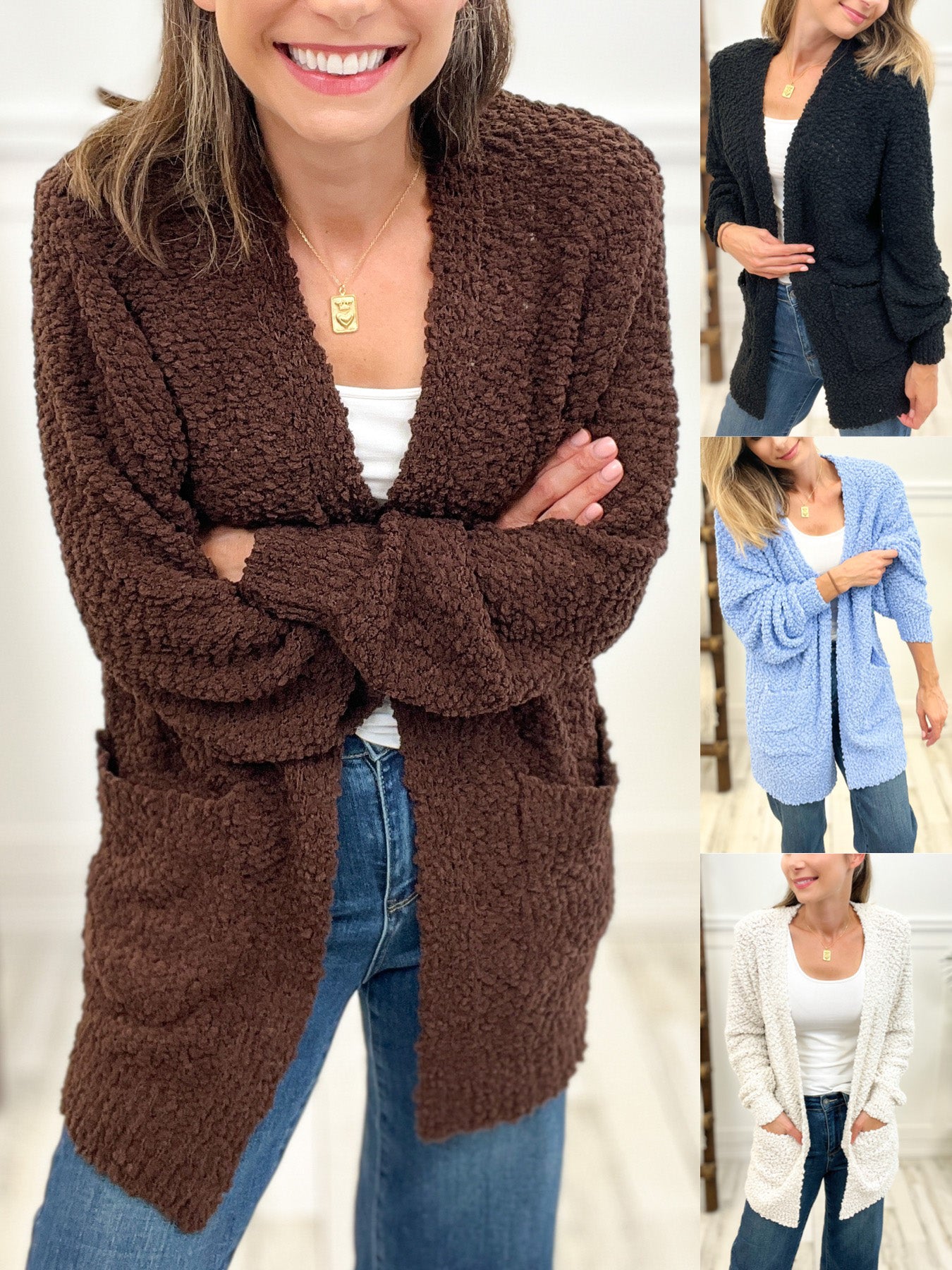 Puff Sleeve Popcorn Cardigan with Pockets