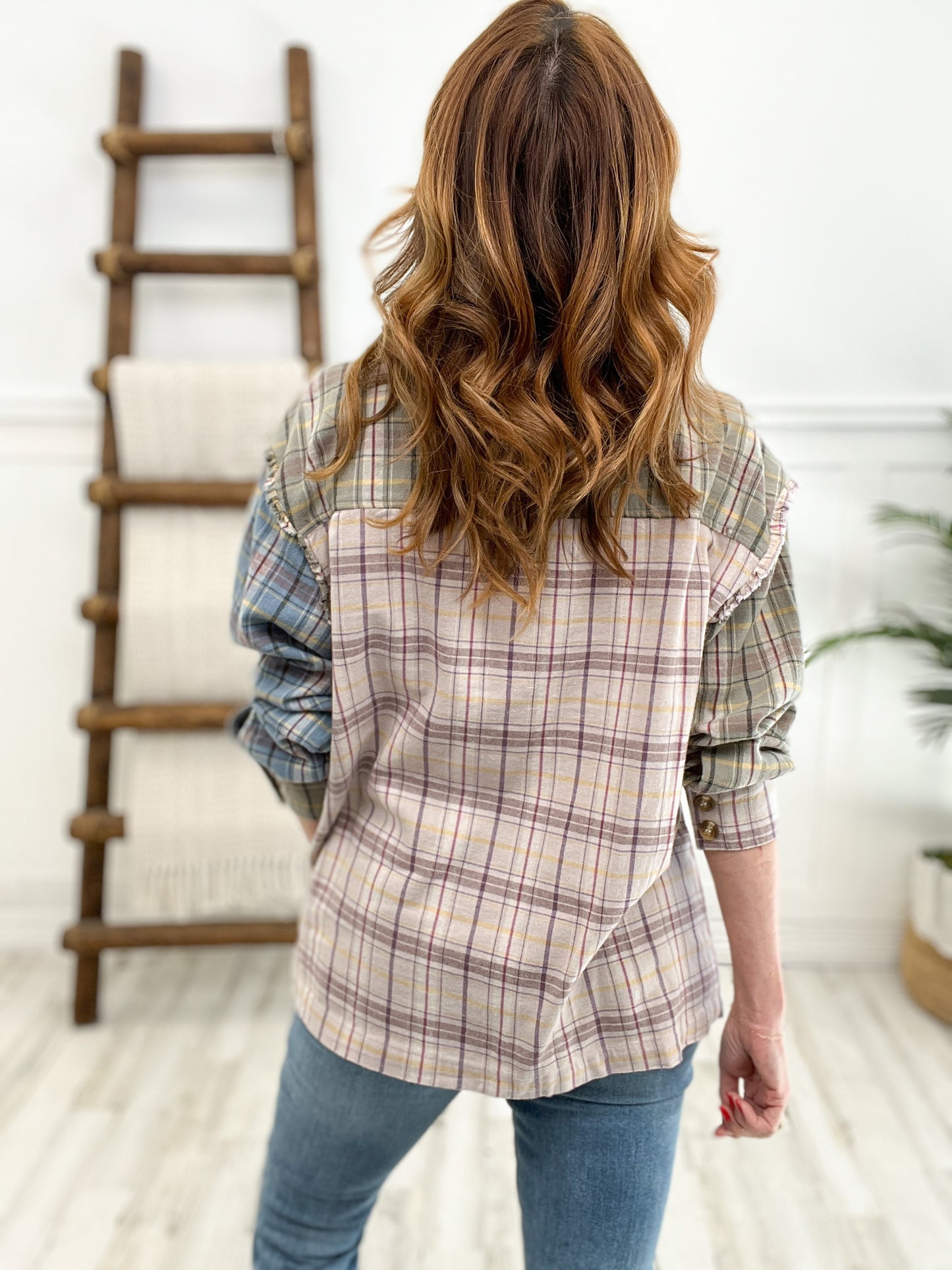 Plaid Color Block Patchwork Button Top