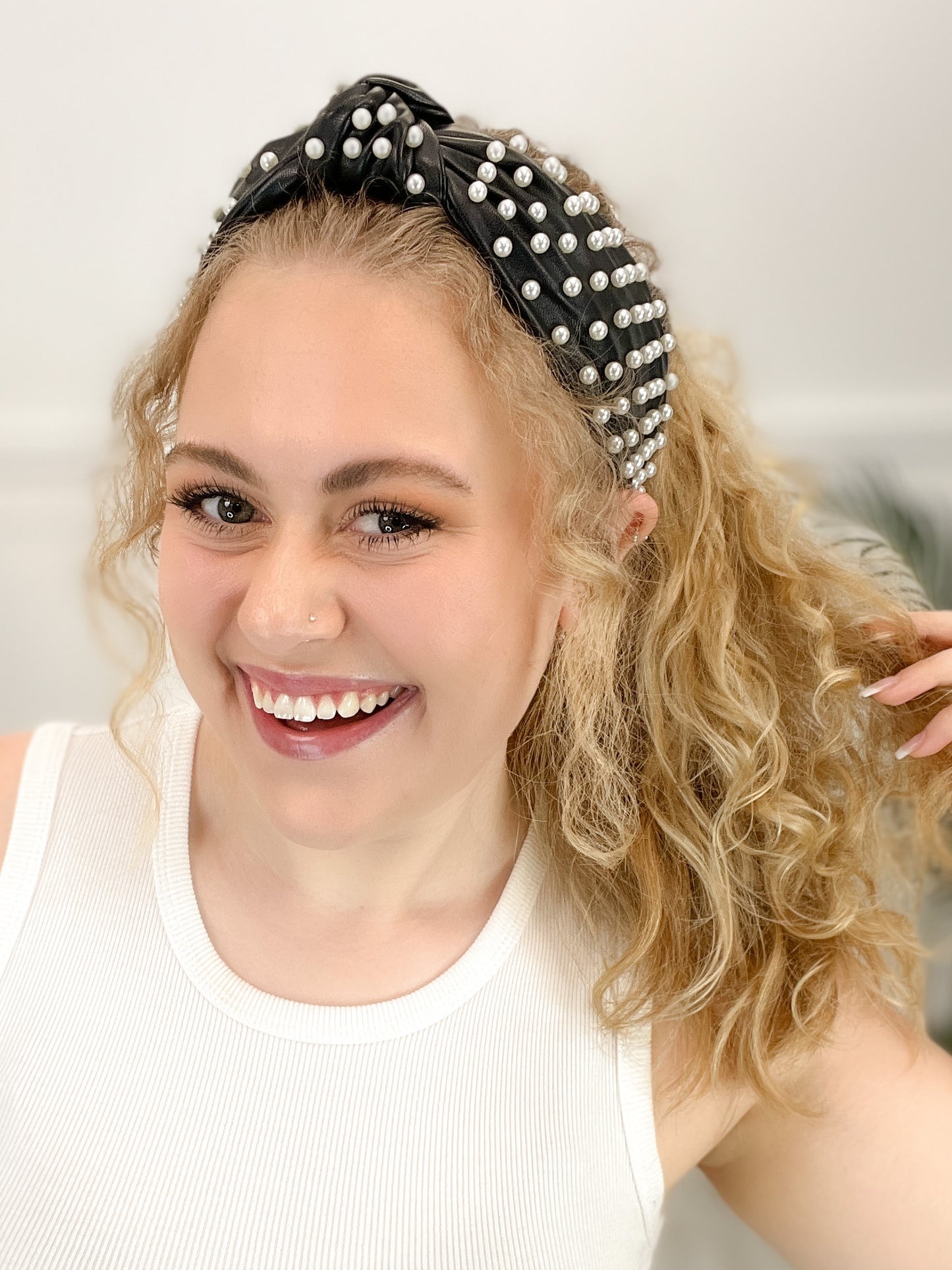 Faux Leather Headband with Pearls