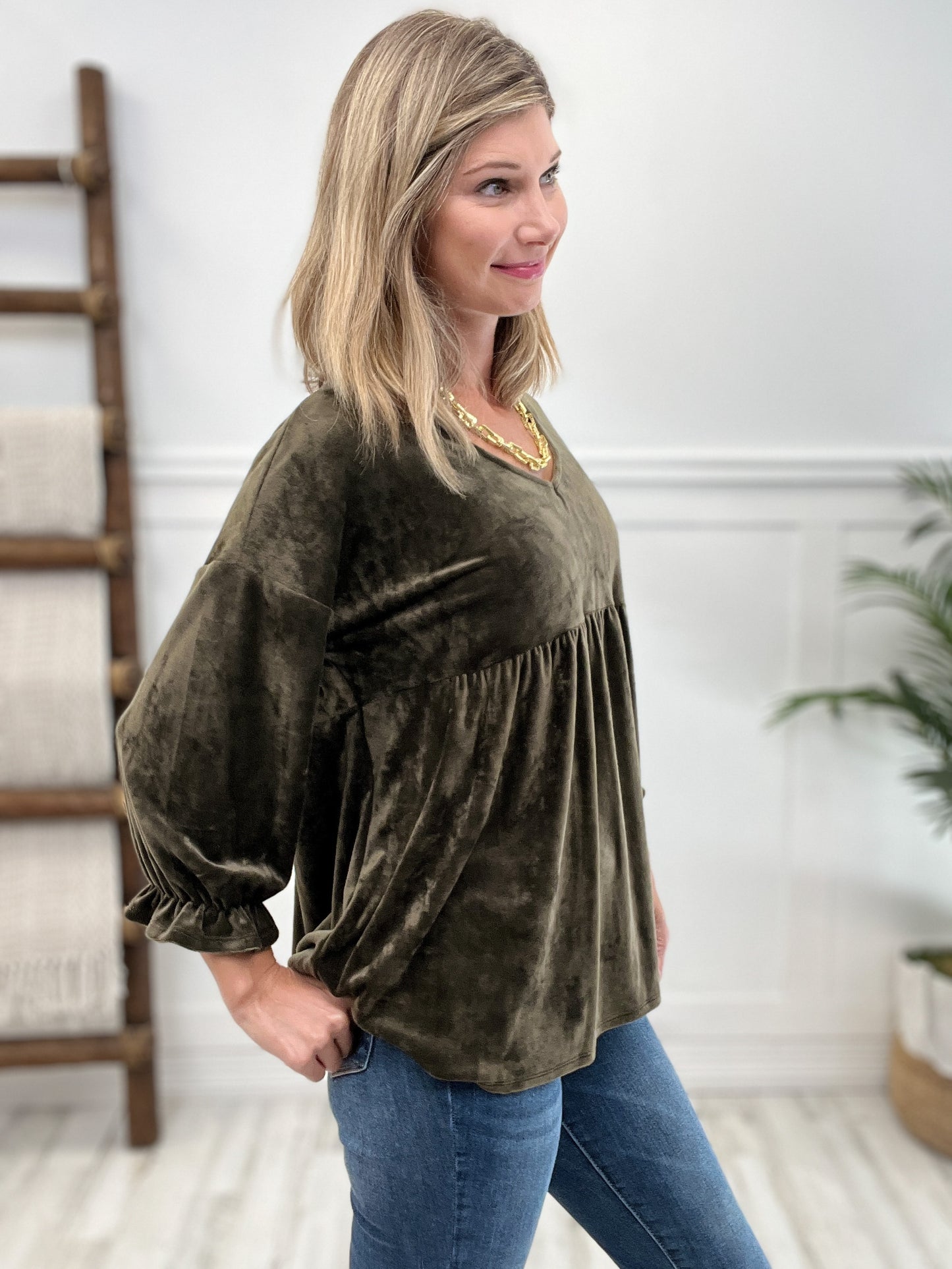 Boho Crushed Velvet Babydoll Bubble Sleeve