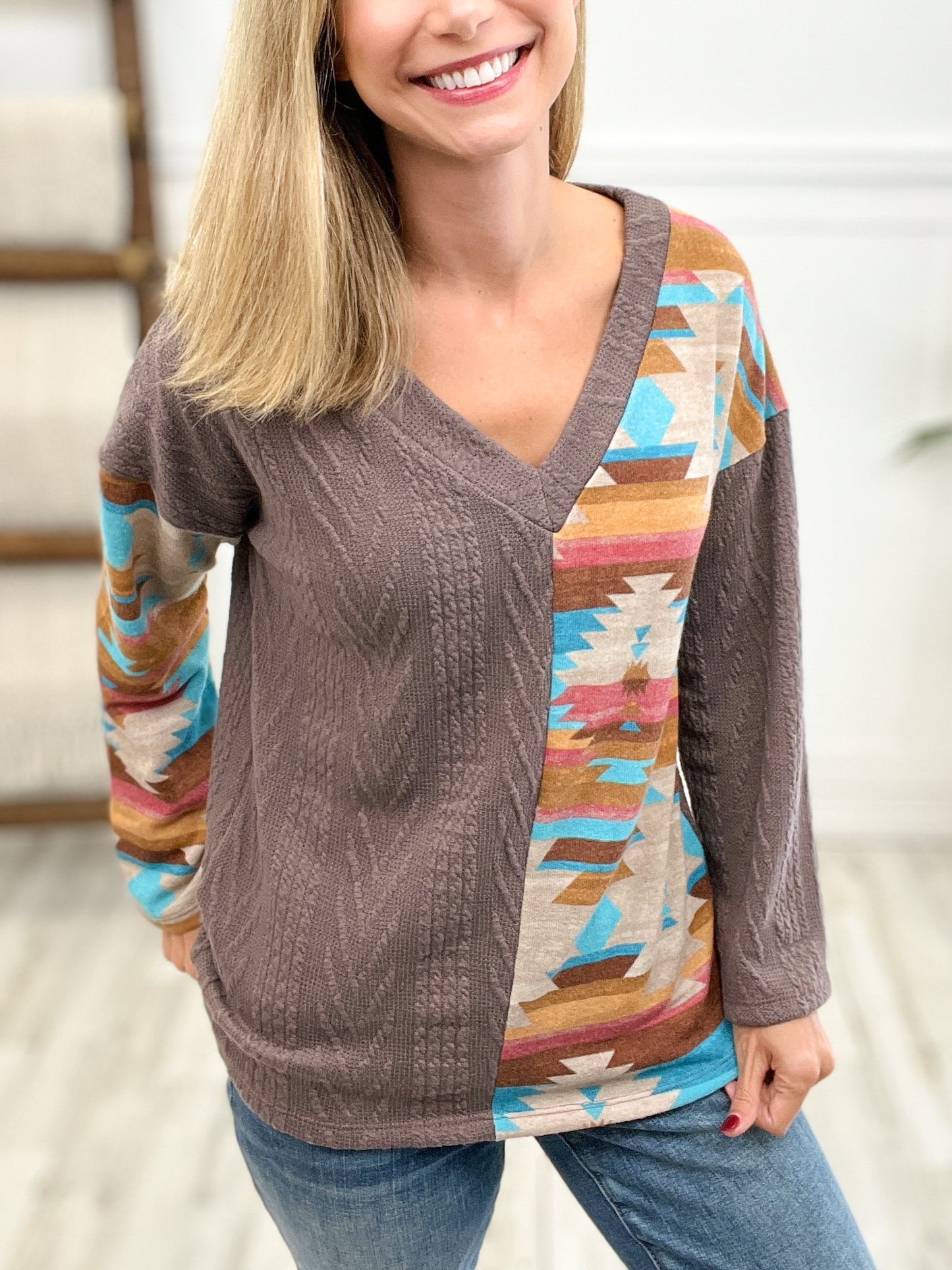 CORED SWEATER KNIT WITH AZTEC BLOCK TOP