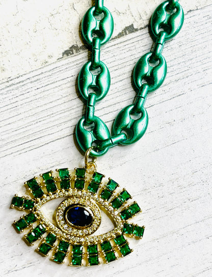 Metallic Green Evil Eye Necklace