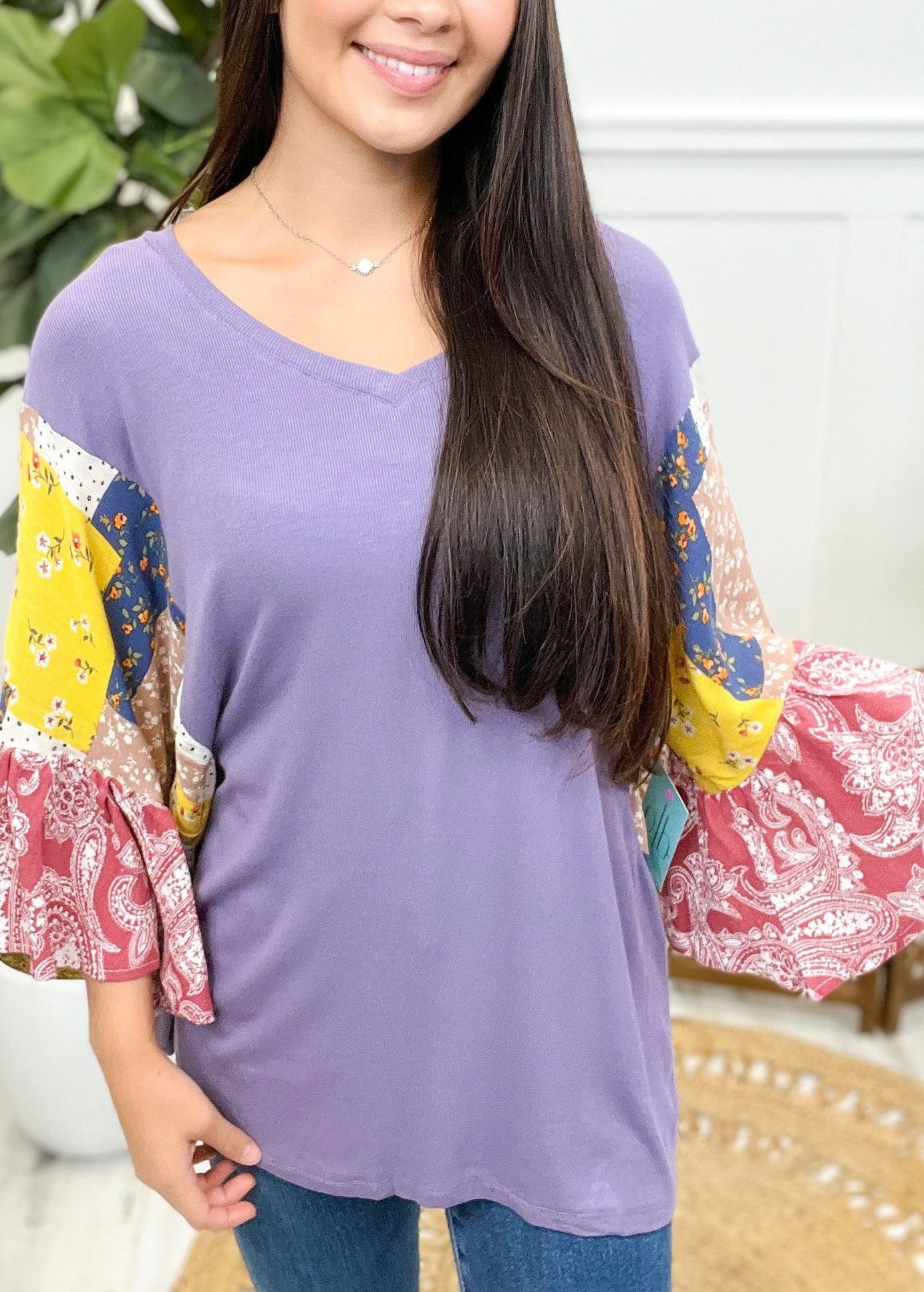 V-Neck 3/4 Length Ruffle Sleeve Top