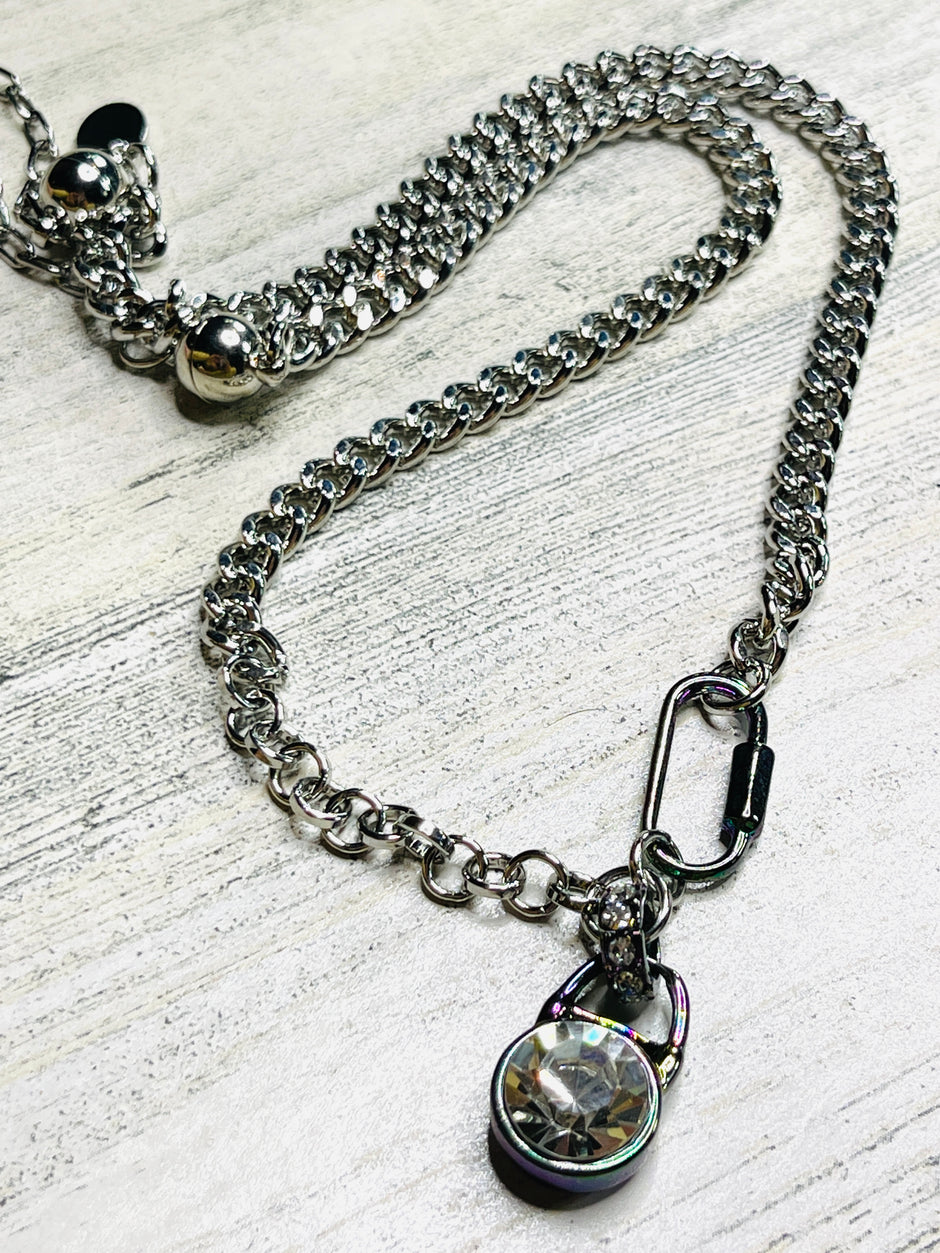 Silver Cuban Chain with Aurora Charm Necklace