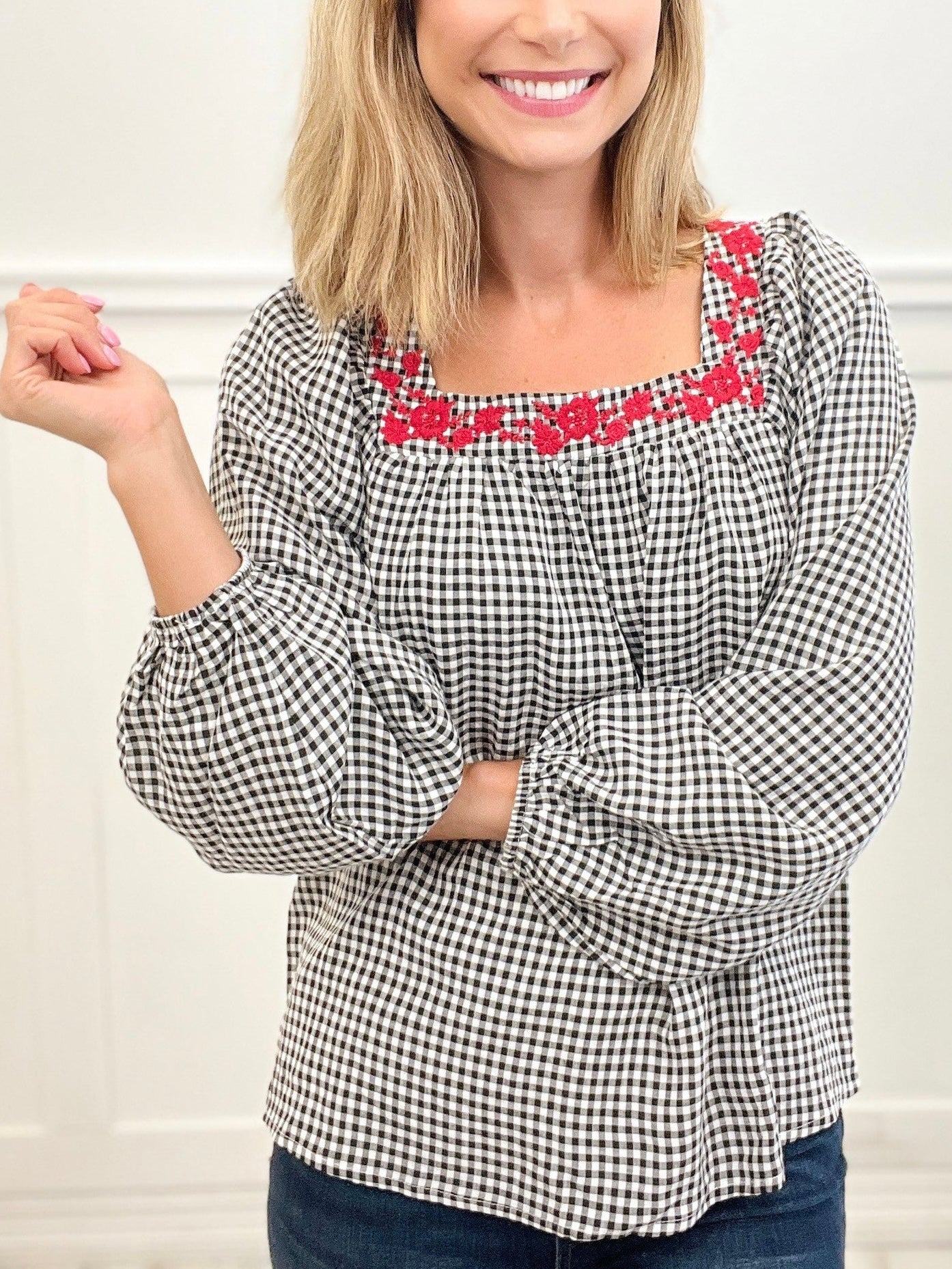 Embroidered Checkered Top