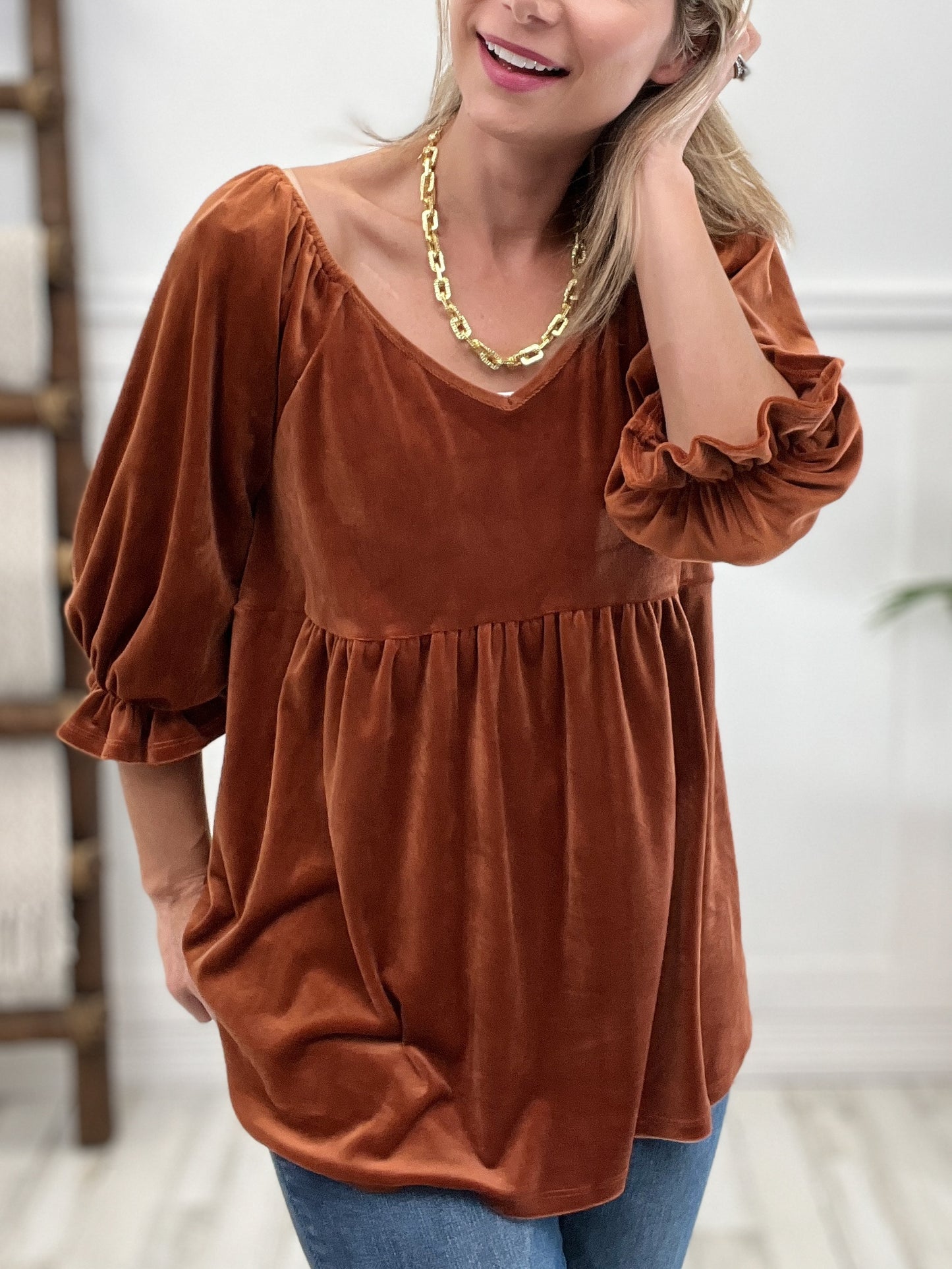 Boho Crushed Velvet Babydoll Bubble Sleeve