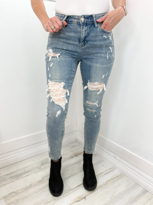 Judy Blue Mid Rise "Lacey Business" Patch Skinny Denim Jeans