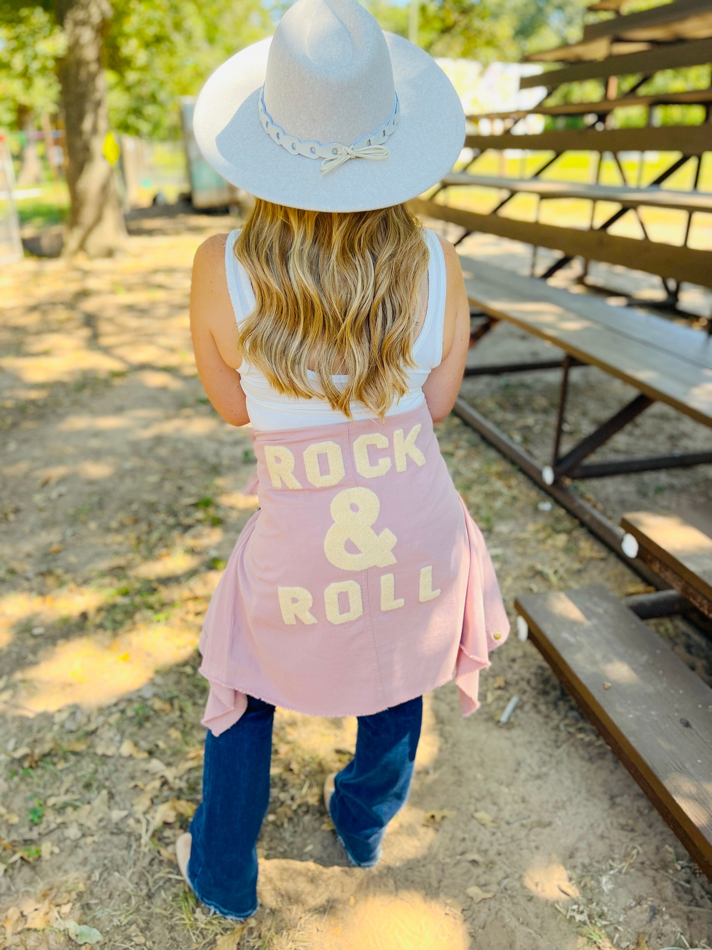 Long Sleeve Button Down Shacket with Rock & Roll On Back