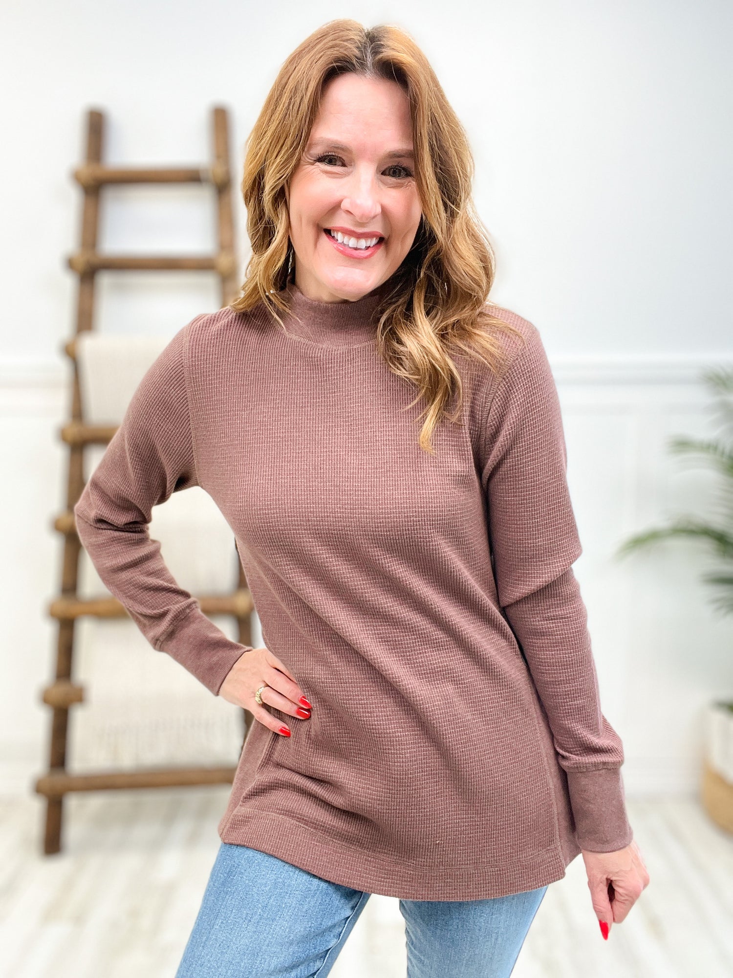 Waffled Long-Sleeve Top with Mock Neck