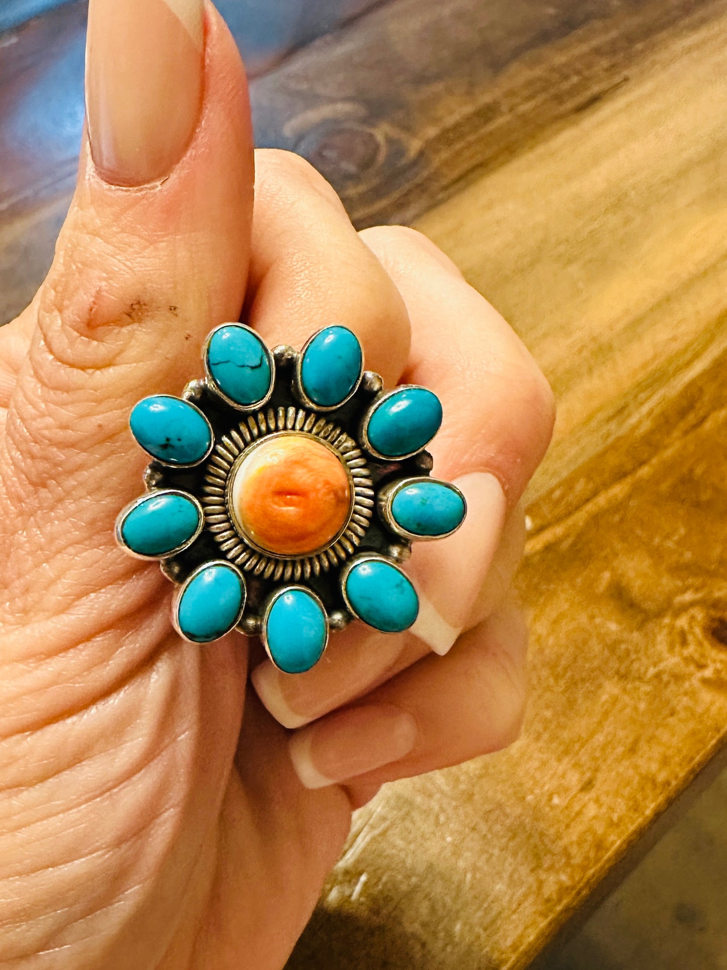 Turquoise & Spiny Oyster Silver Ring