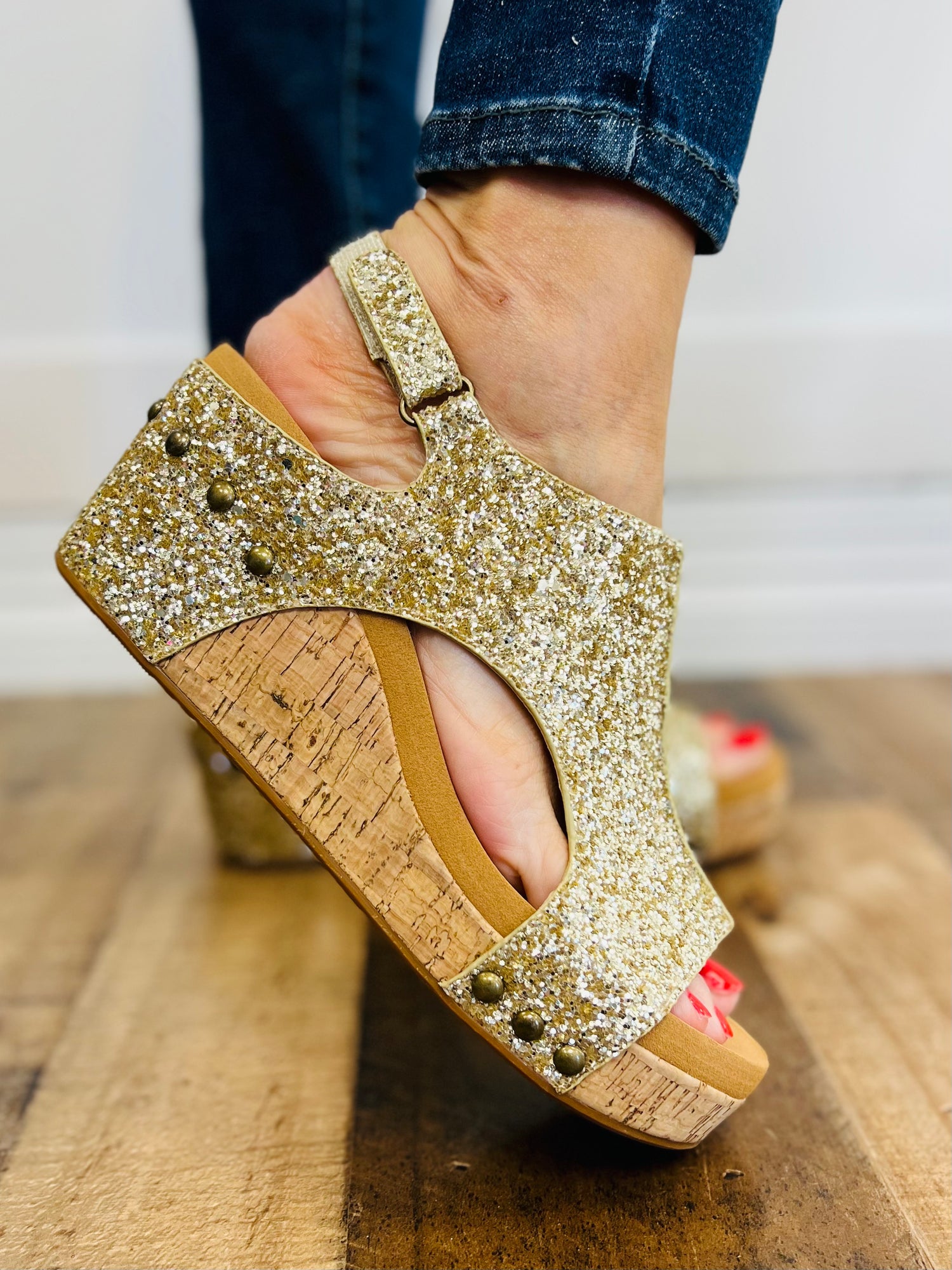 Sparkly top wedge heels