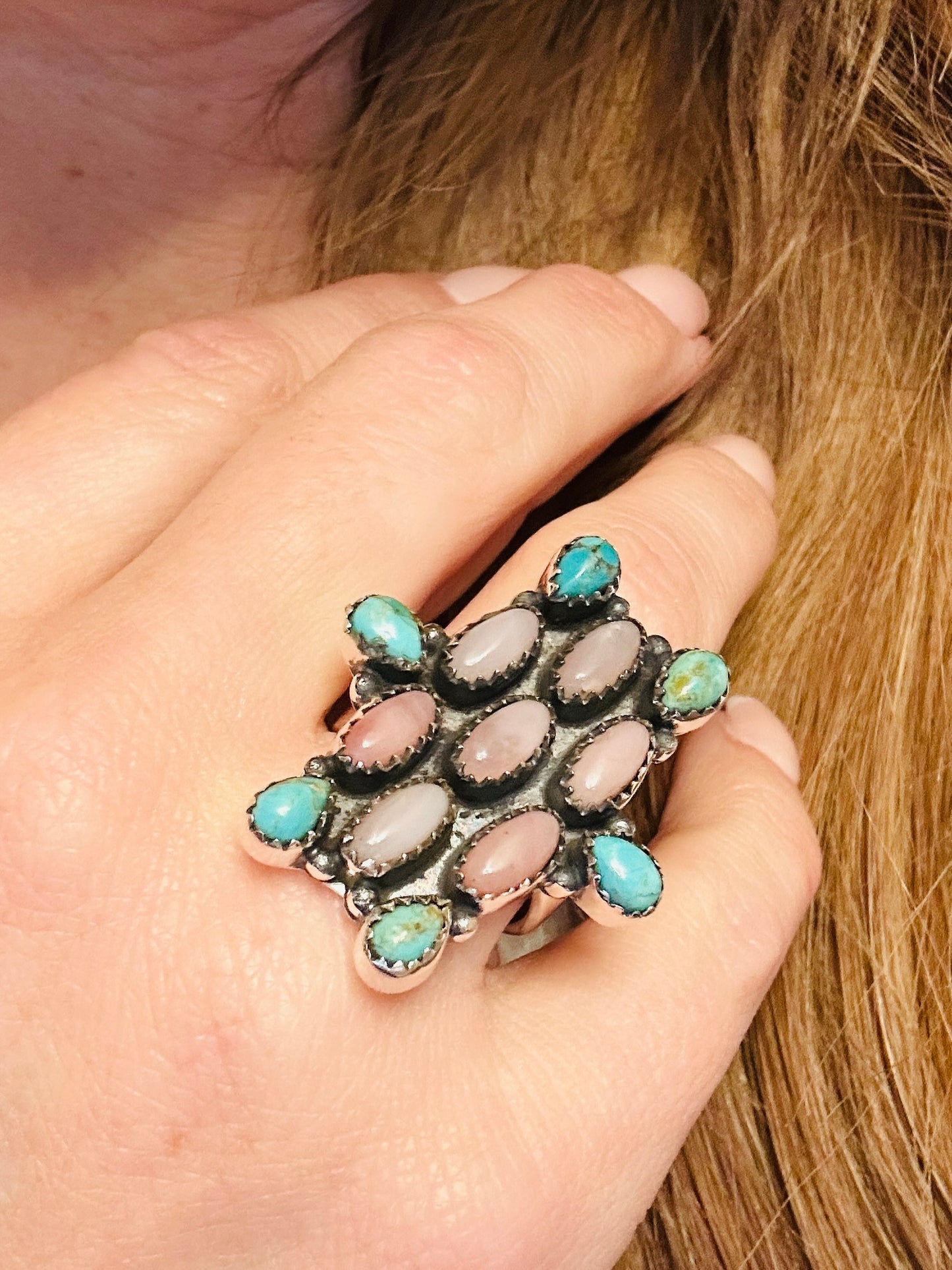 Turquoise & Pink Navajo Multi Stone Adjustable Ring