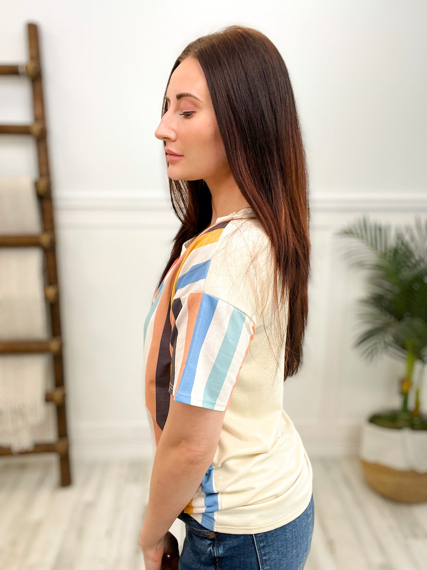 VERTICAL MULTI COLOR STRIPE PRINTED FRENCH TERRY SHORT SLEEVE TOP